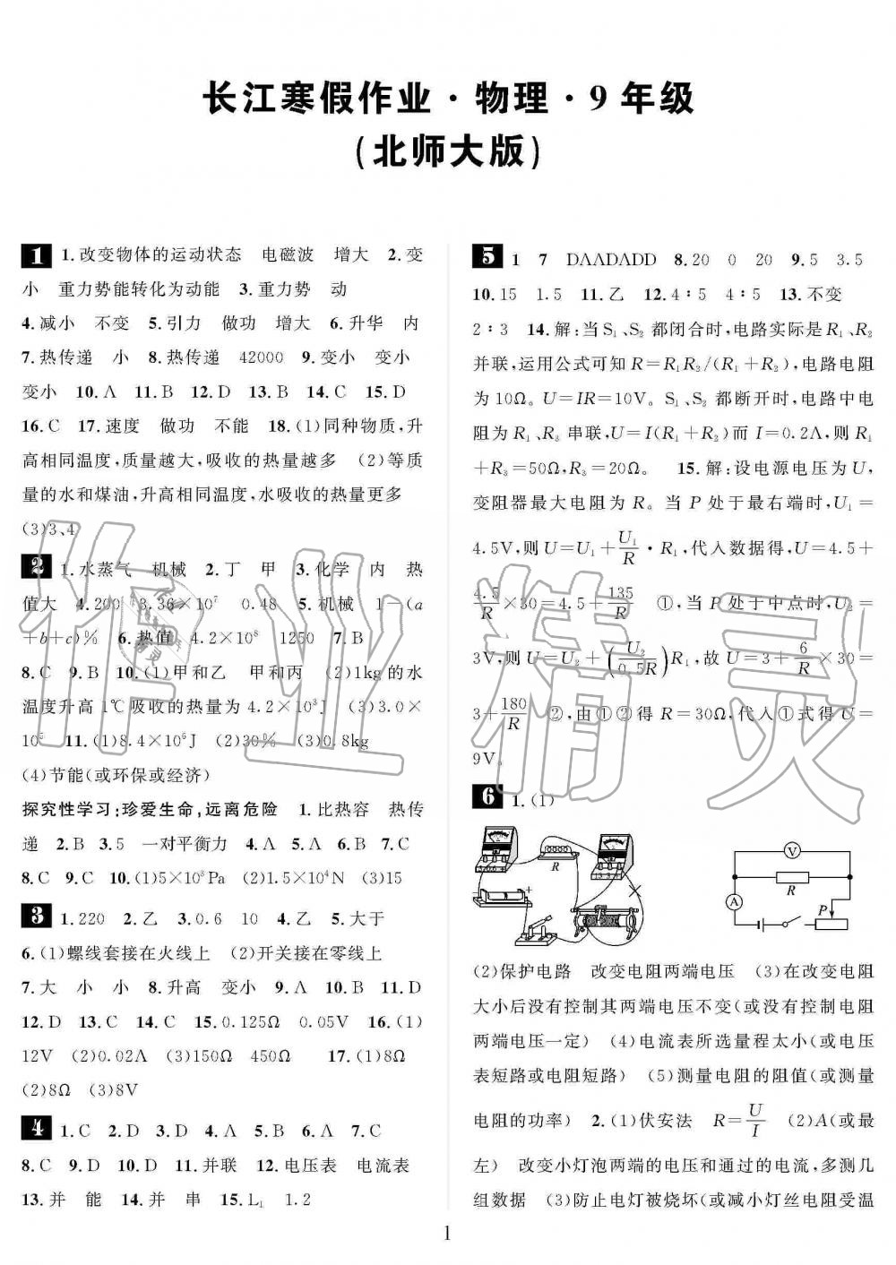 2020年长江寒假作业崇文书局九年级物理寒假作业北师大版 第1页