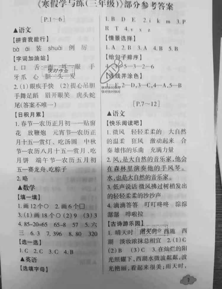2020年寒假學與練浙江少年兒童出版社三年級綜合寒假作業 參考答案第1頁