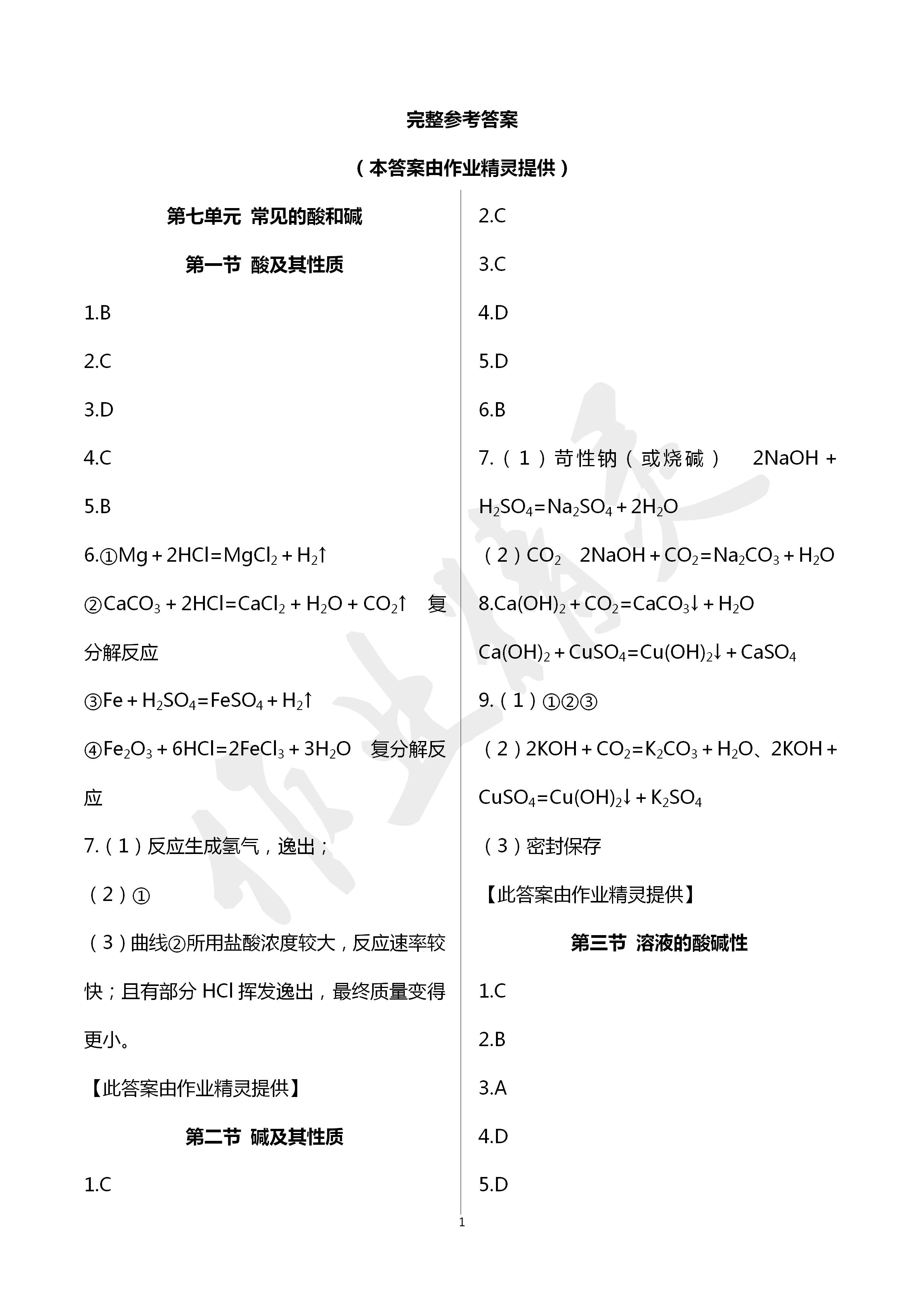 2020年化学补充习题九年级下册鲁教版山东教育出版社 第1页