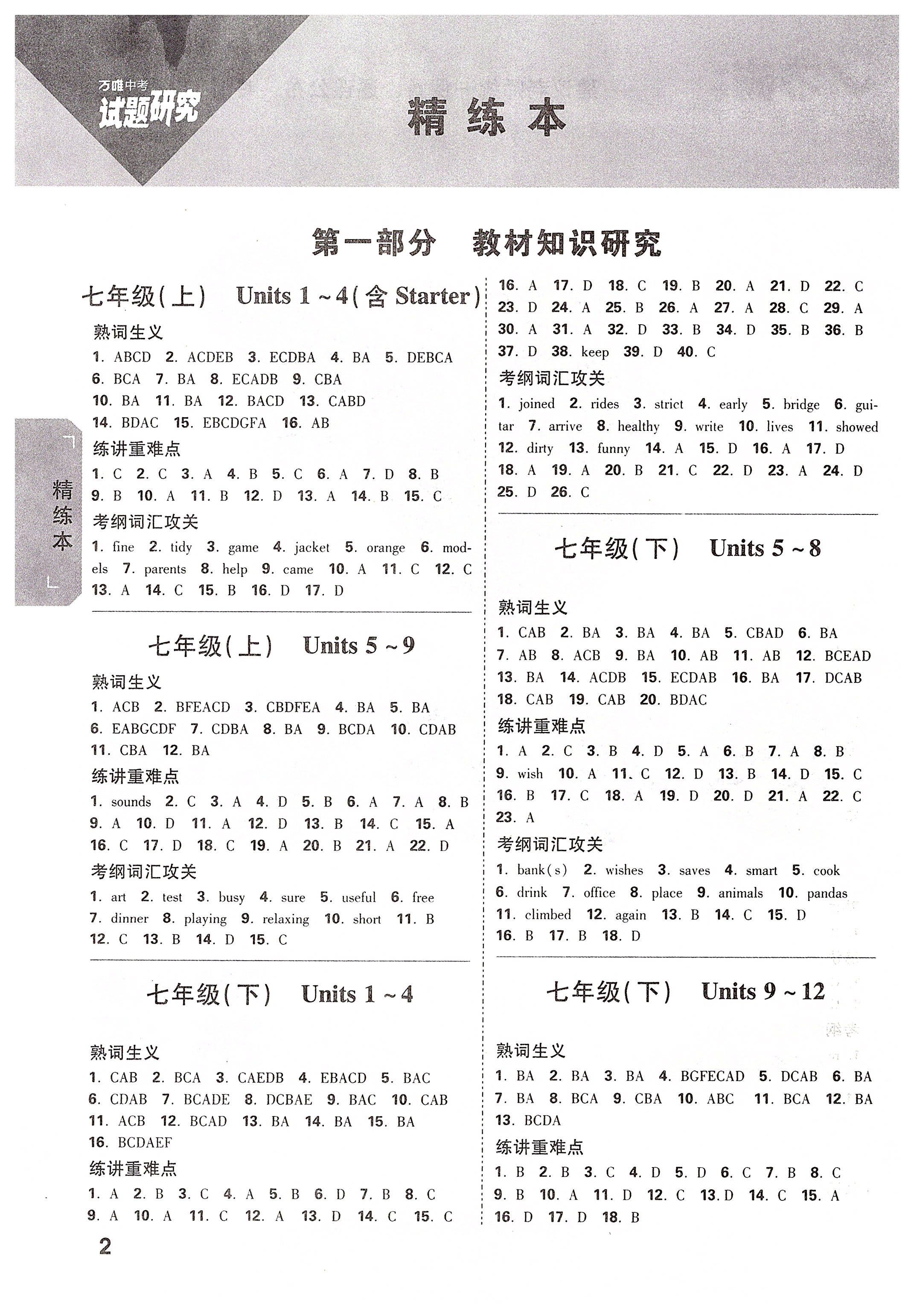 2020年萬唯教育中考試題研究九年級英語安徽專版 參考答案第2頁