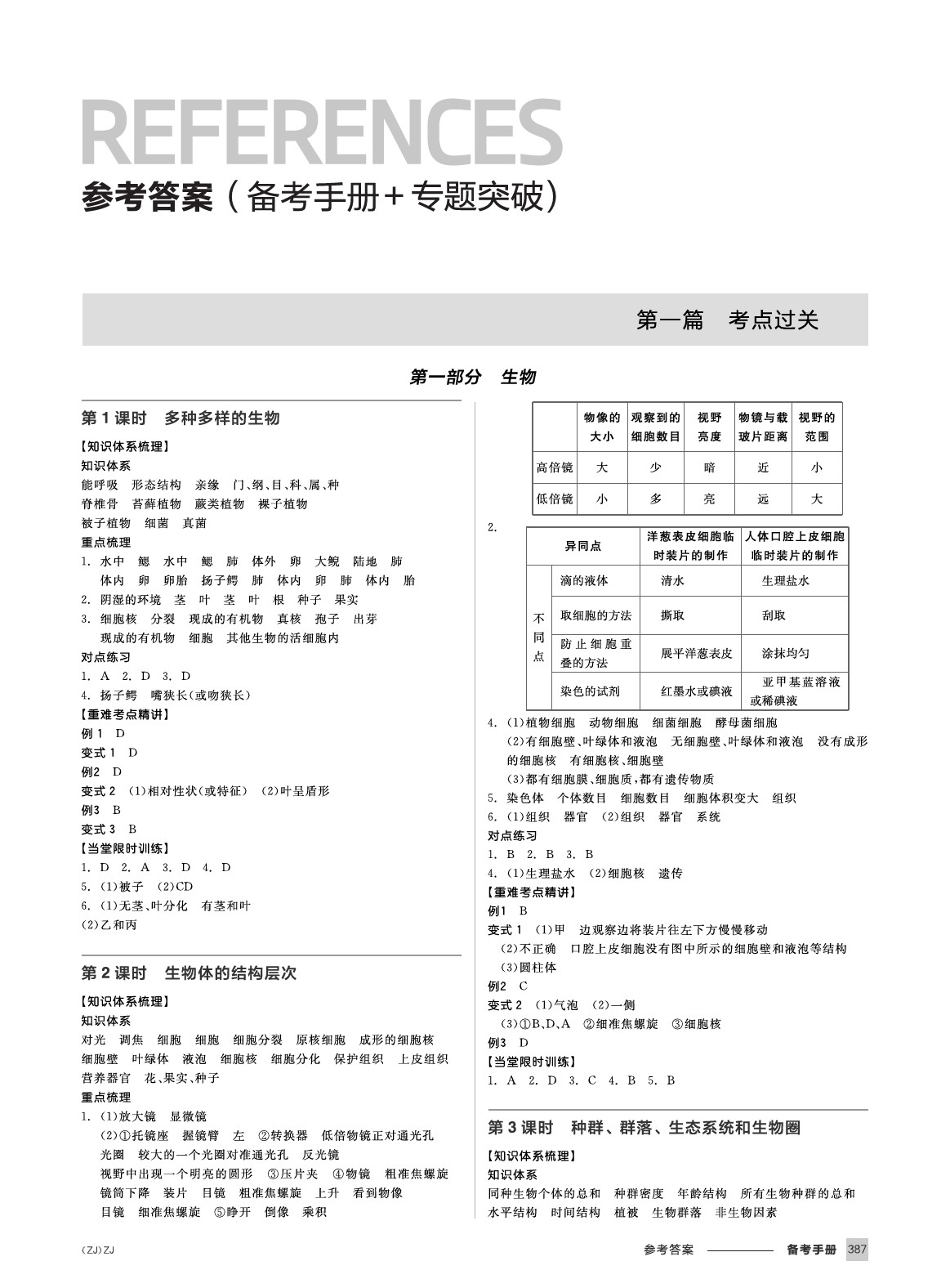 2020年全品中考复习方案科学浙教版浙江 参考答案第1页