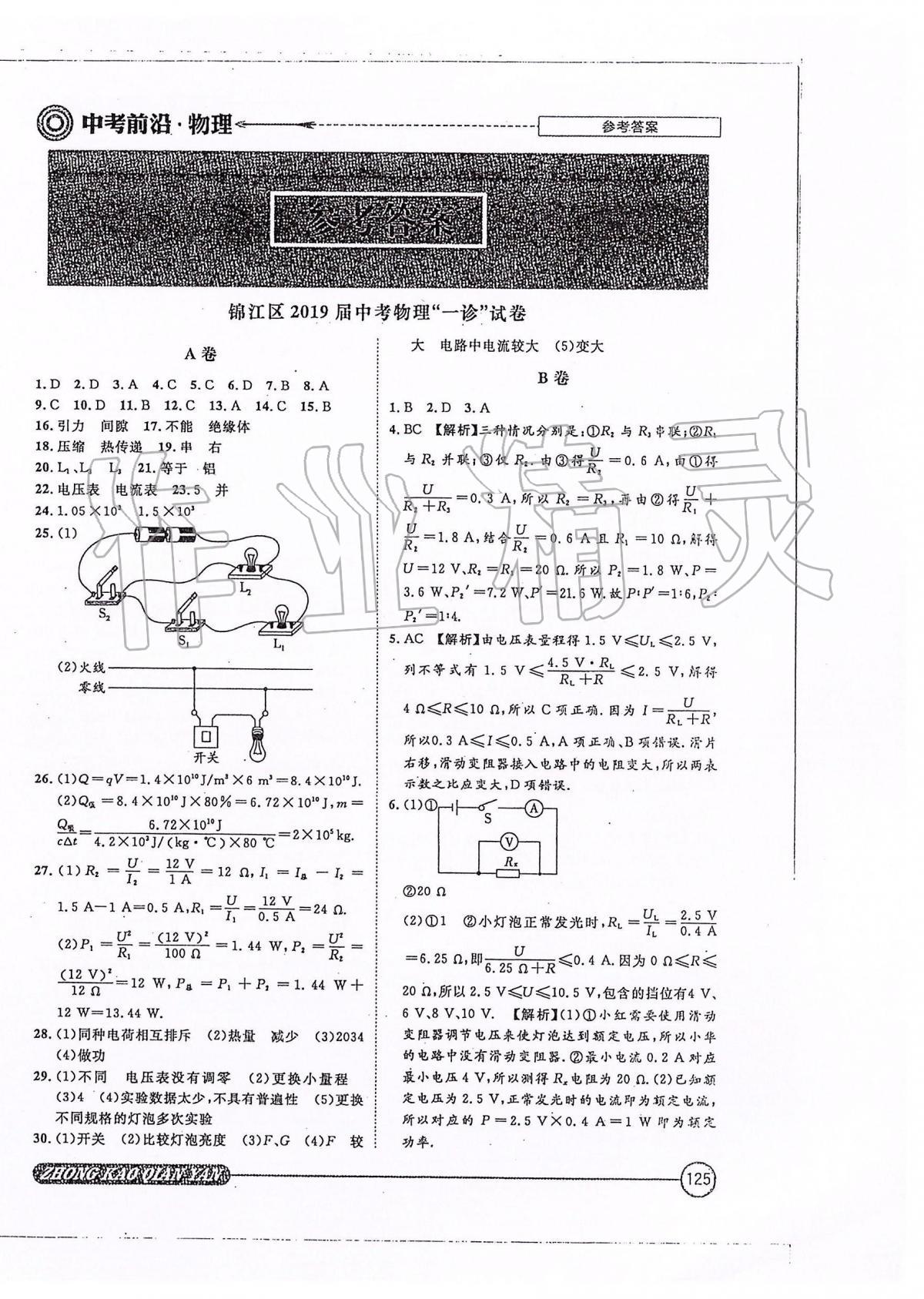 2020年中考前沿物理 參考答案第1頁