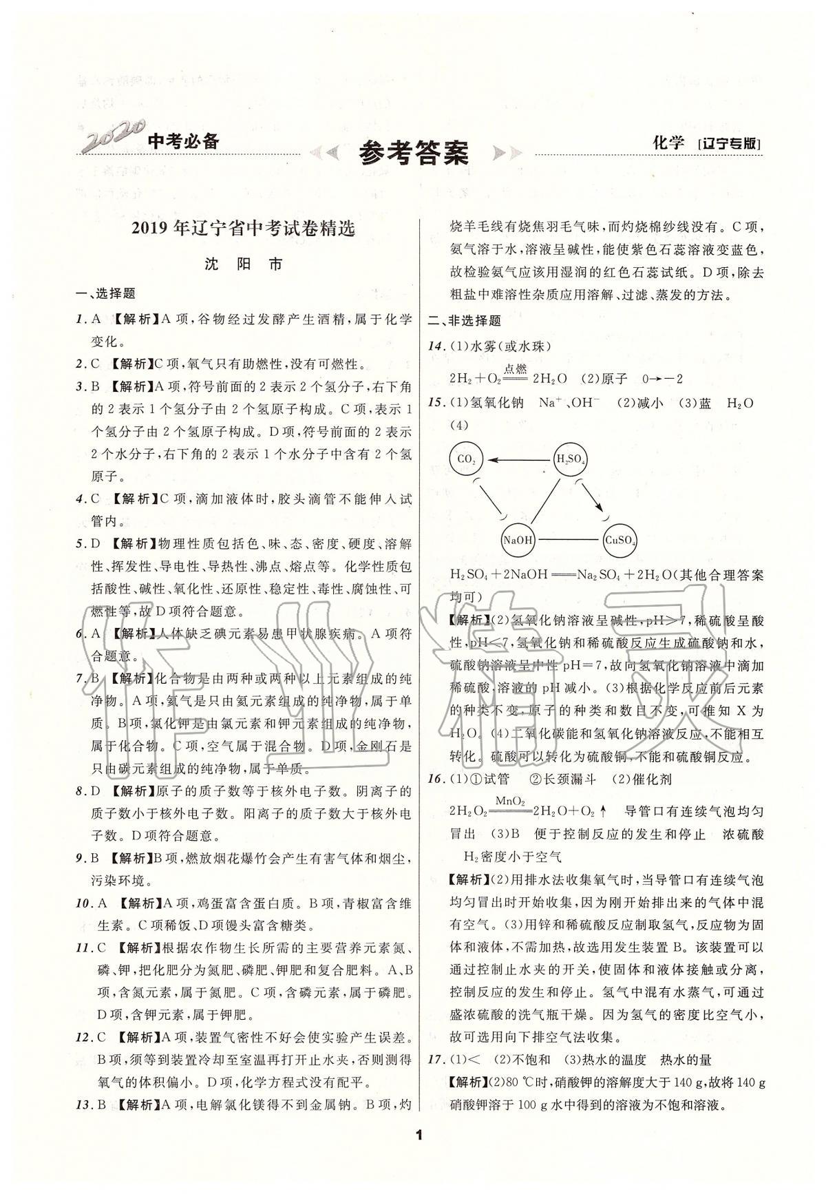 2020年中考必備化學人教版遼寧專版 參考答案第1頁