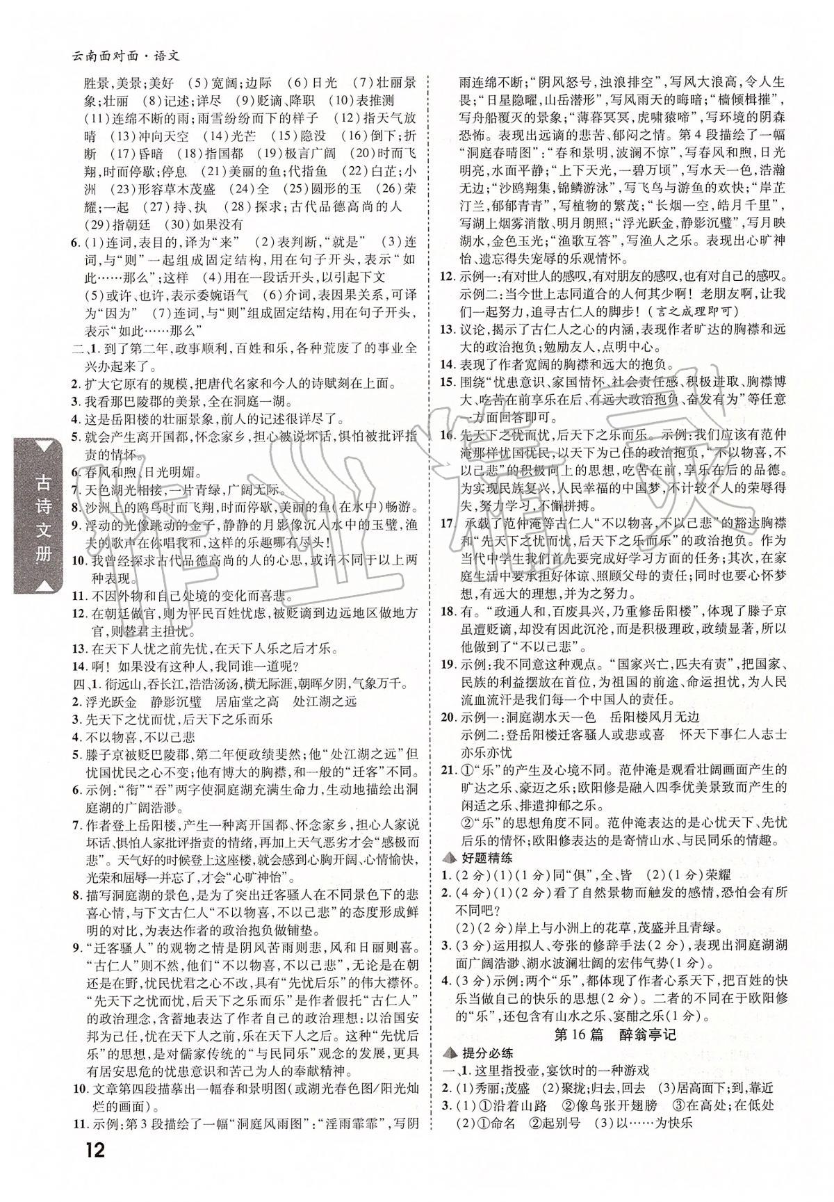 2020年云南中考面對面語文 參考答案第11頁