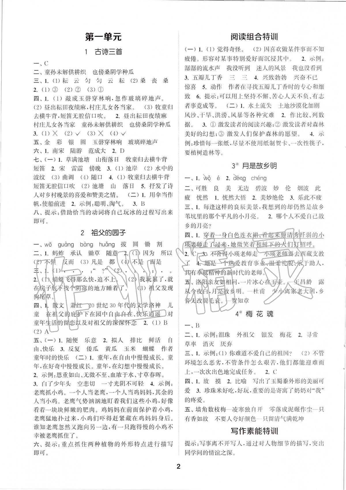 2020年拔尖特訓(xùn)五年級語文下冊人教版 參考答案第1頁