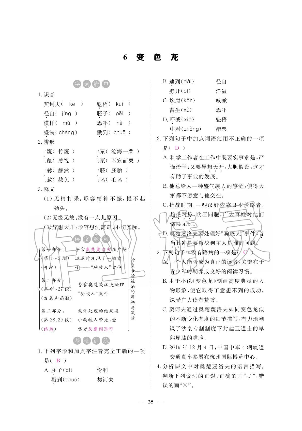 2020年一課一練創(chuàng)新練習(xí)九年級語文下冊人教版 參考答案第25頁