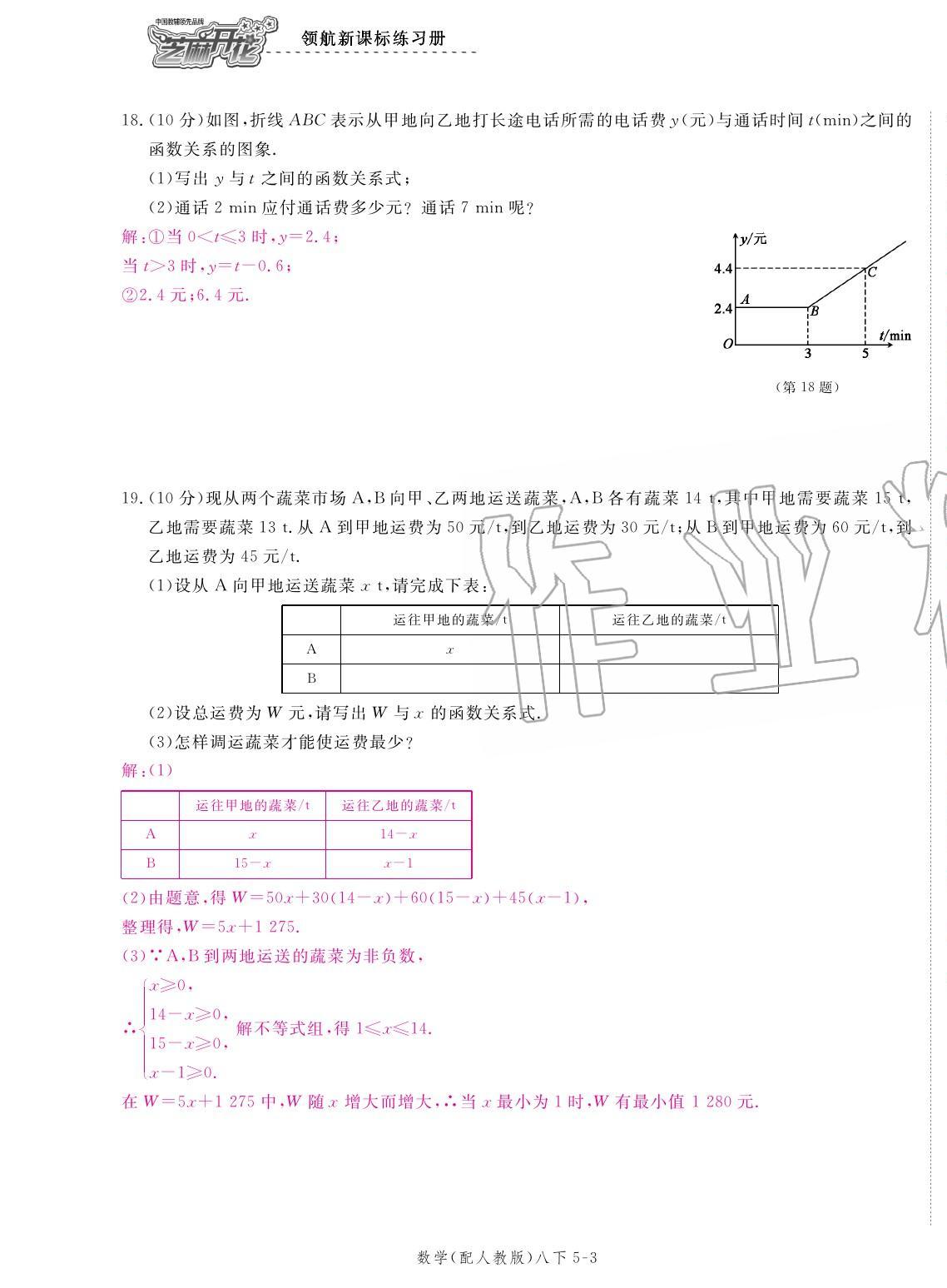 2020年領(lǐng)航新課標(biāo)練習(xí)冊八年級數(shù)學(xué)下冊人教版 參考答案第19頁