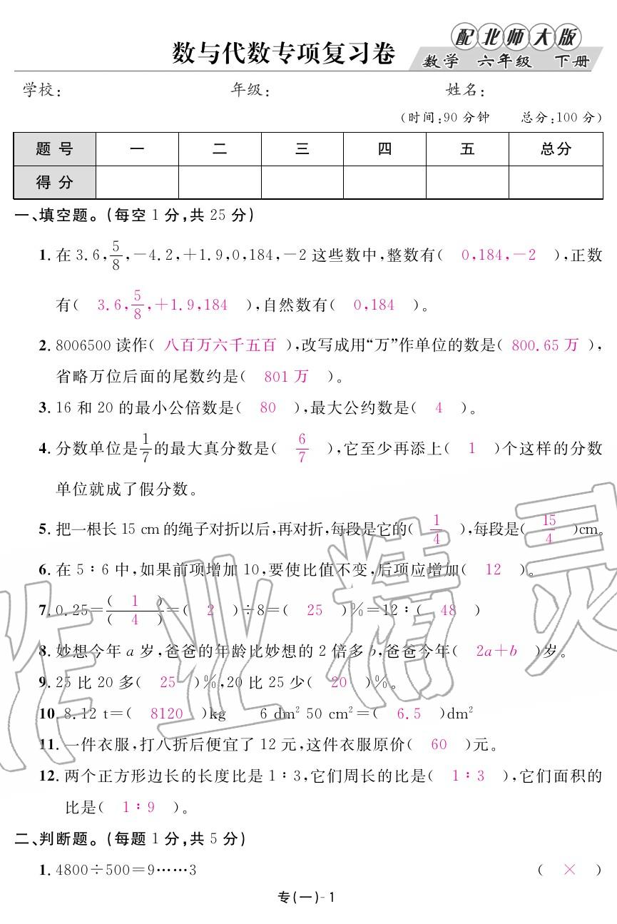 2020年領航新課標練習冊六年級數學下冊北師大版 第21頁