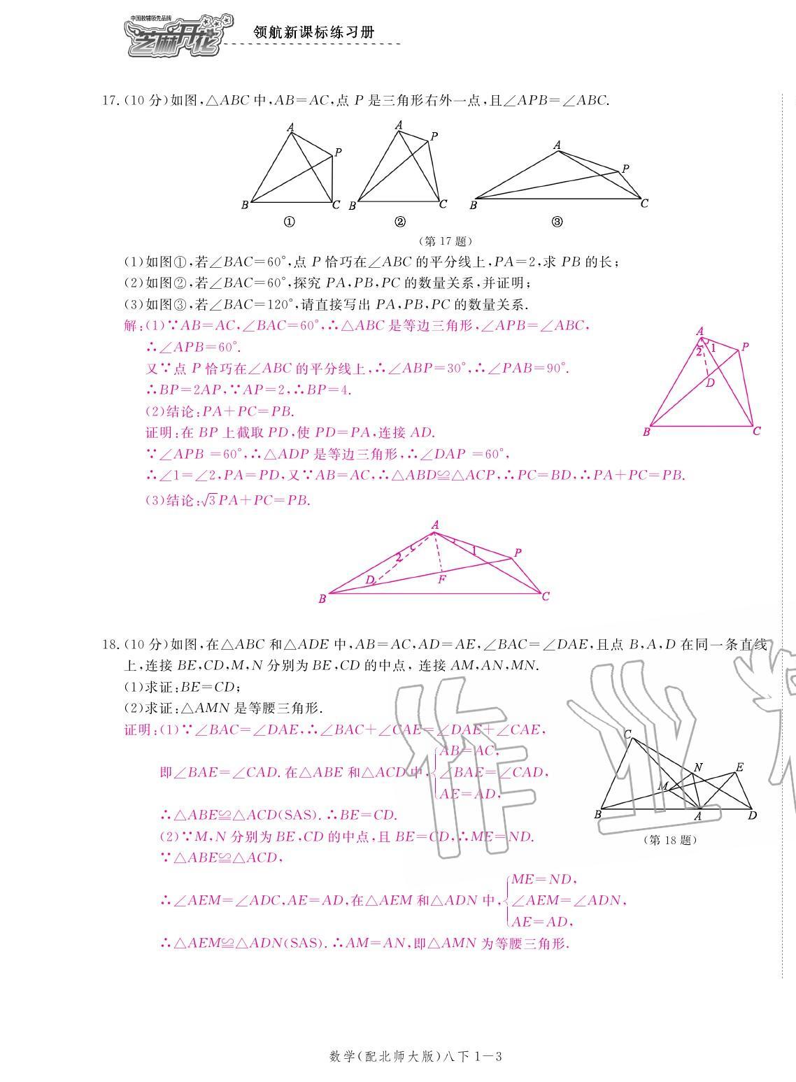 2020年領(lǐng)航新課標(biāo)練習(xí)冊八年級數(shù)學(xué)下冊北師大版 參考答案第3頁