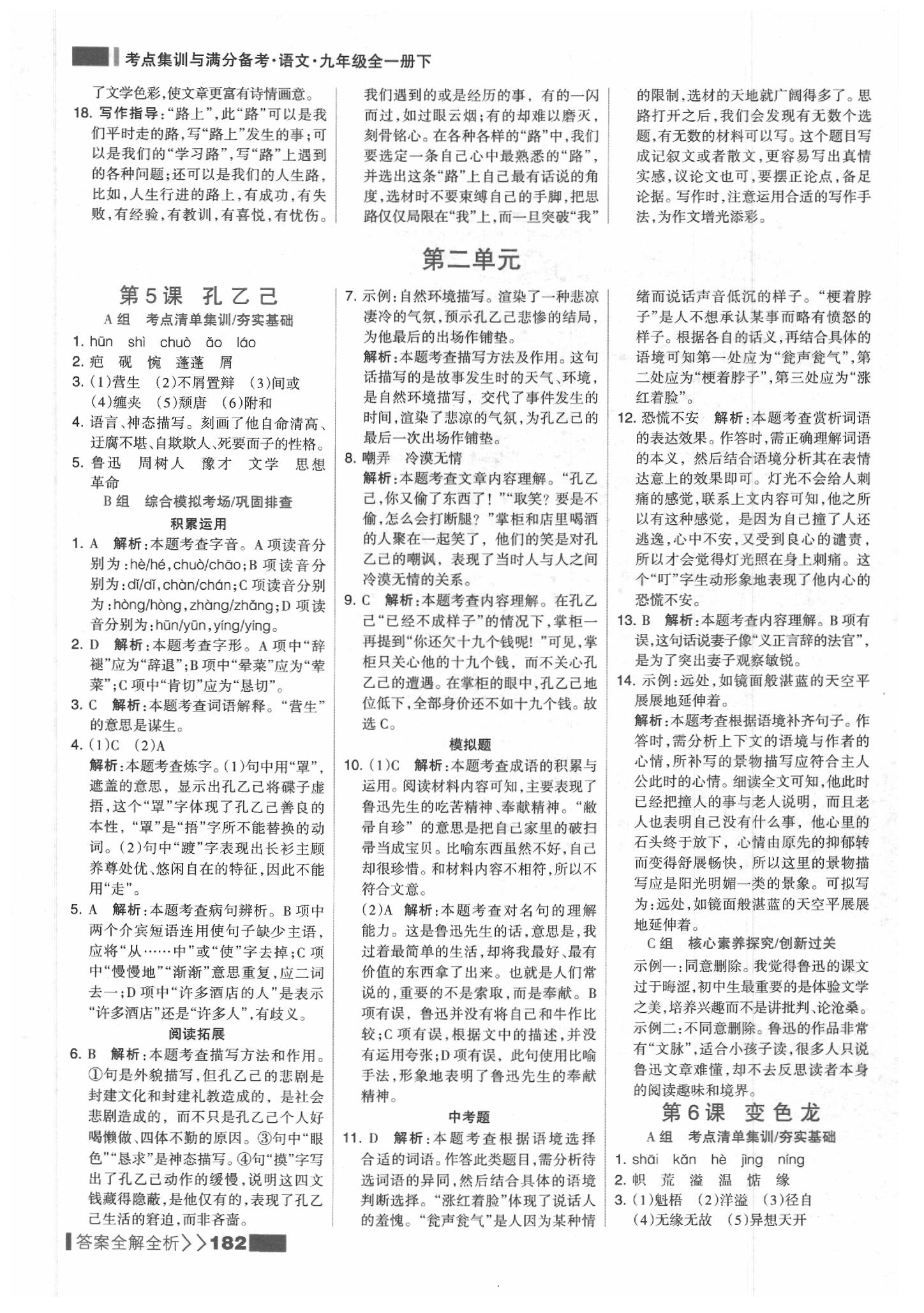 2020年考點(diǎn)集訓(xùn)與滿分備考九年級語文下冊人教版 參考答案第6頁