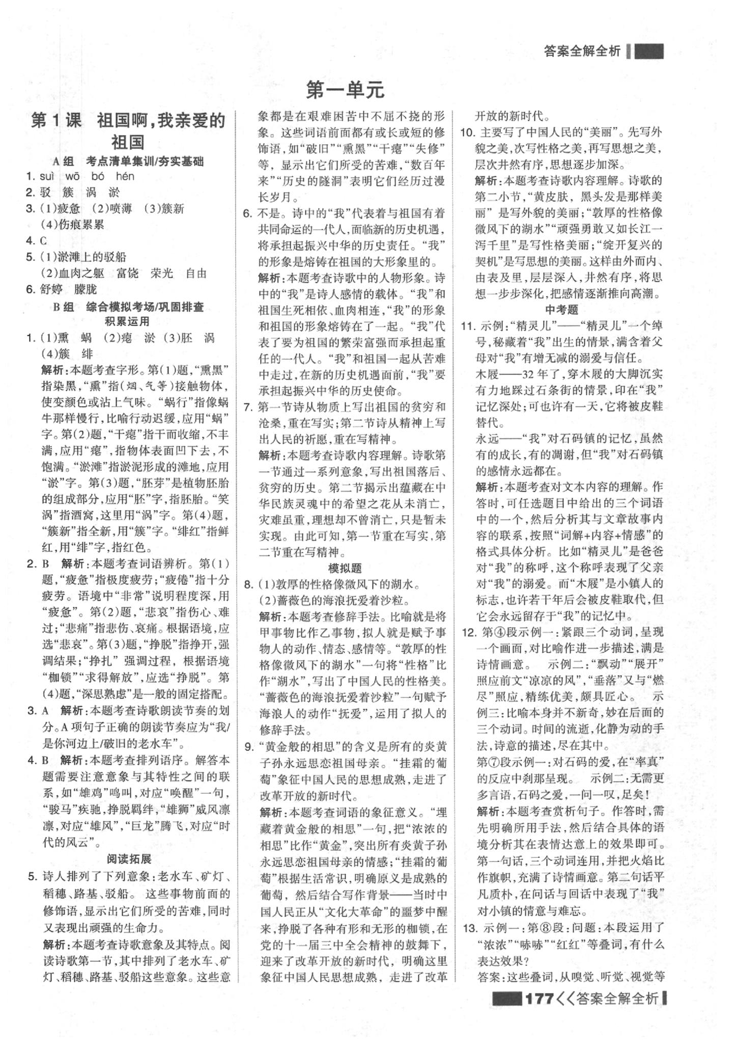 2020年考點集訓與滿分備考九年級語文下冊人教版 參考答案第1頁