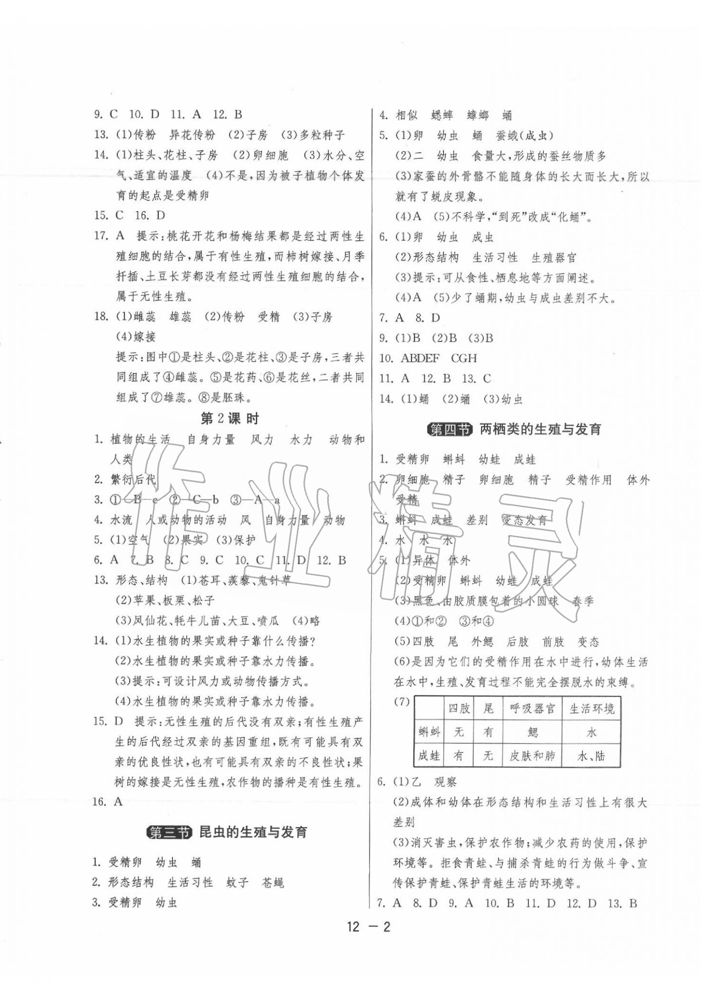 2020年1课3练单元达标测试八年级生物学下册苏教版 参考答案第2页