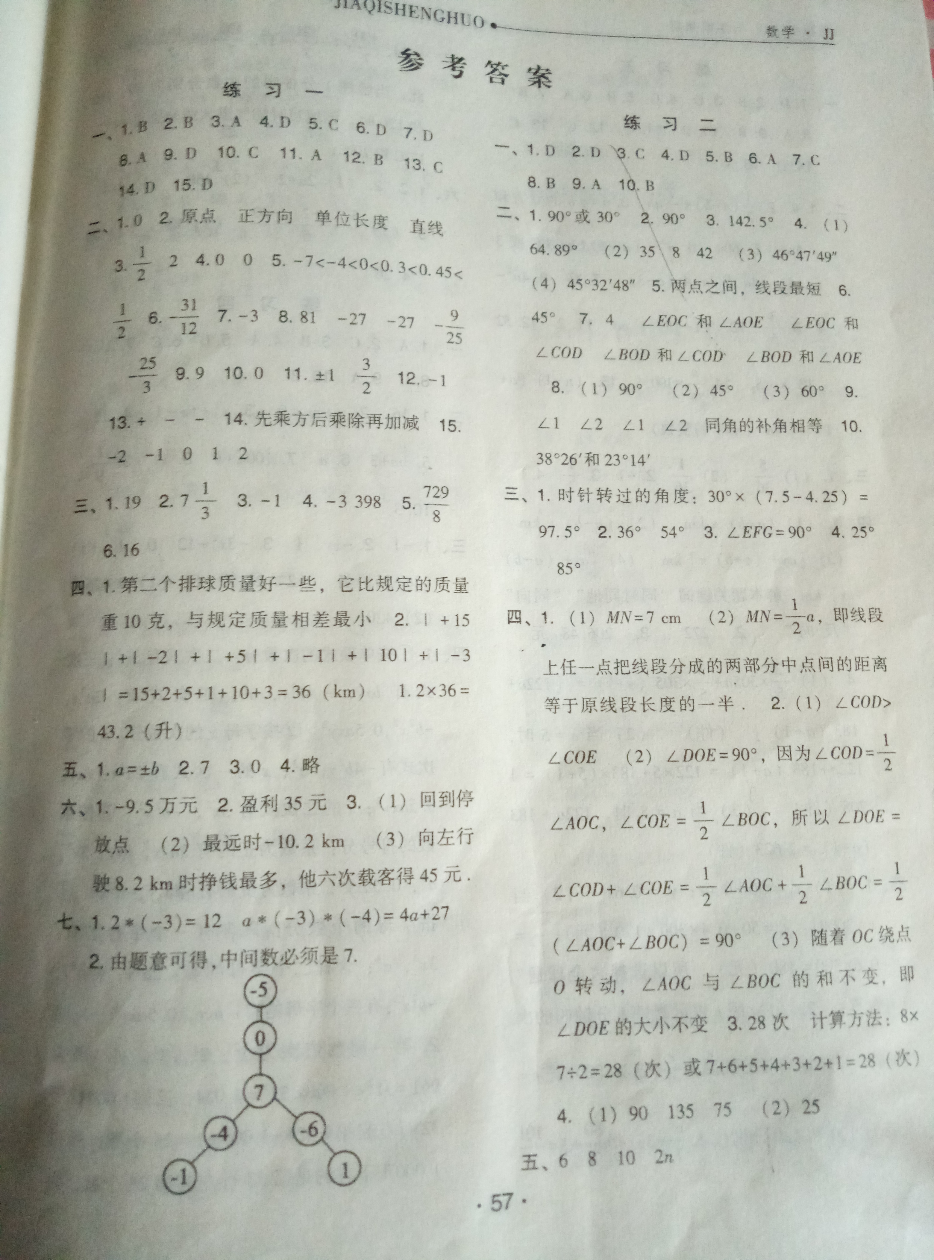 2020年假期生活七年级数学冀教版方圆电子音像出版社 参考答案第1页