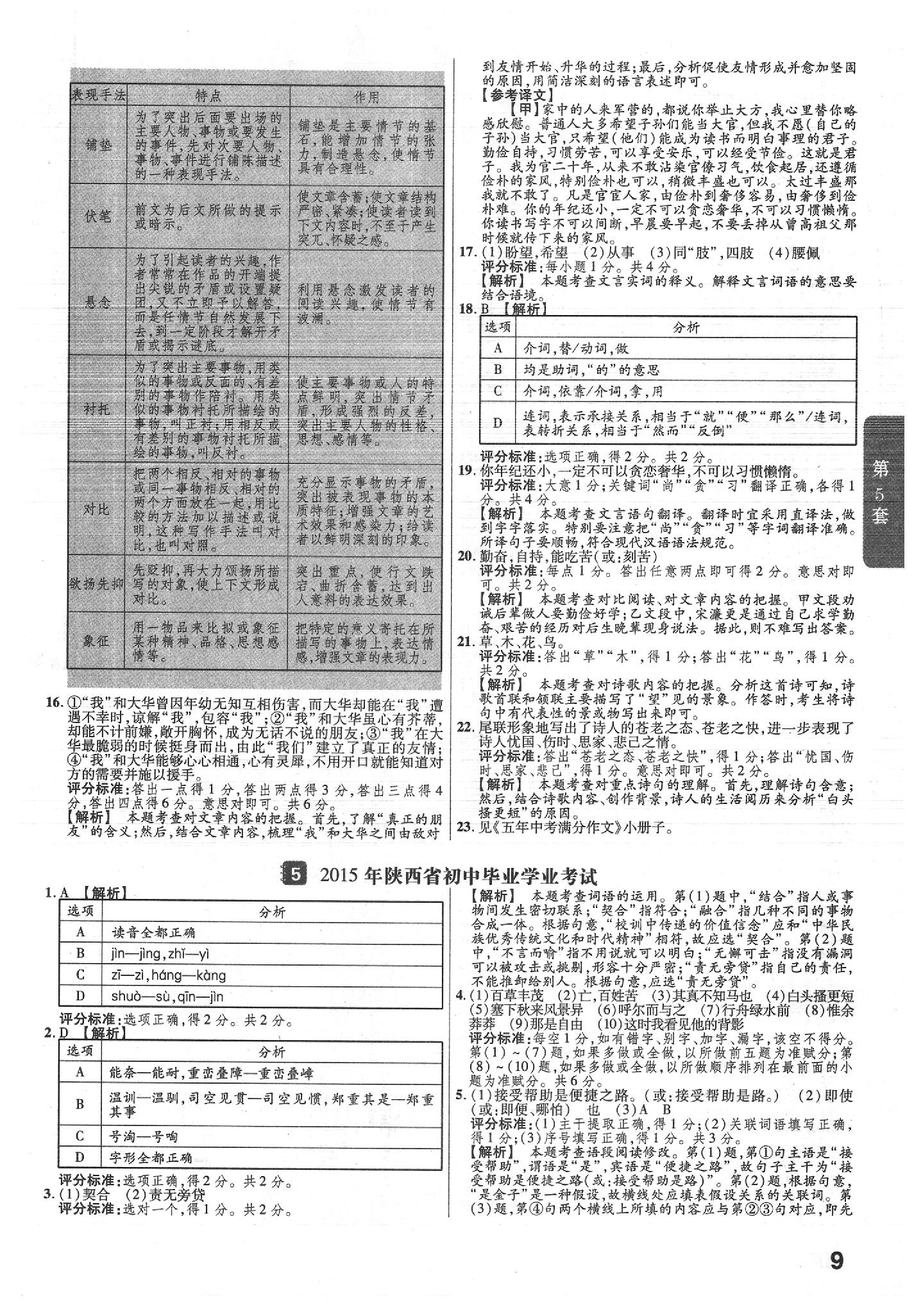 2020年金考卷陜西中考45套匯編語文 參考答案第9頁