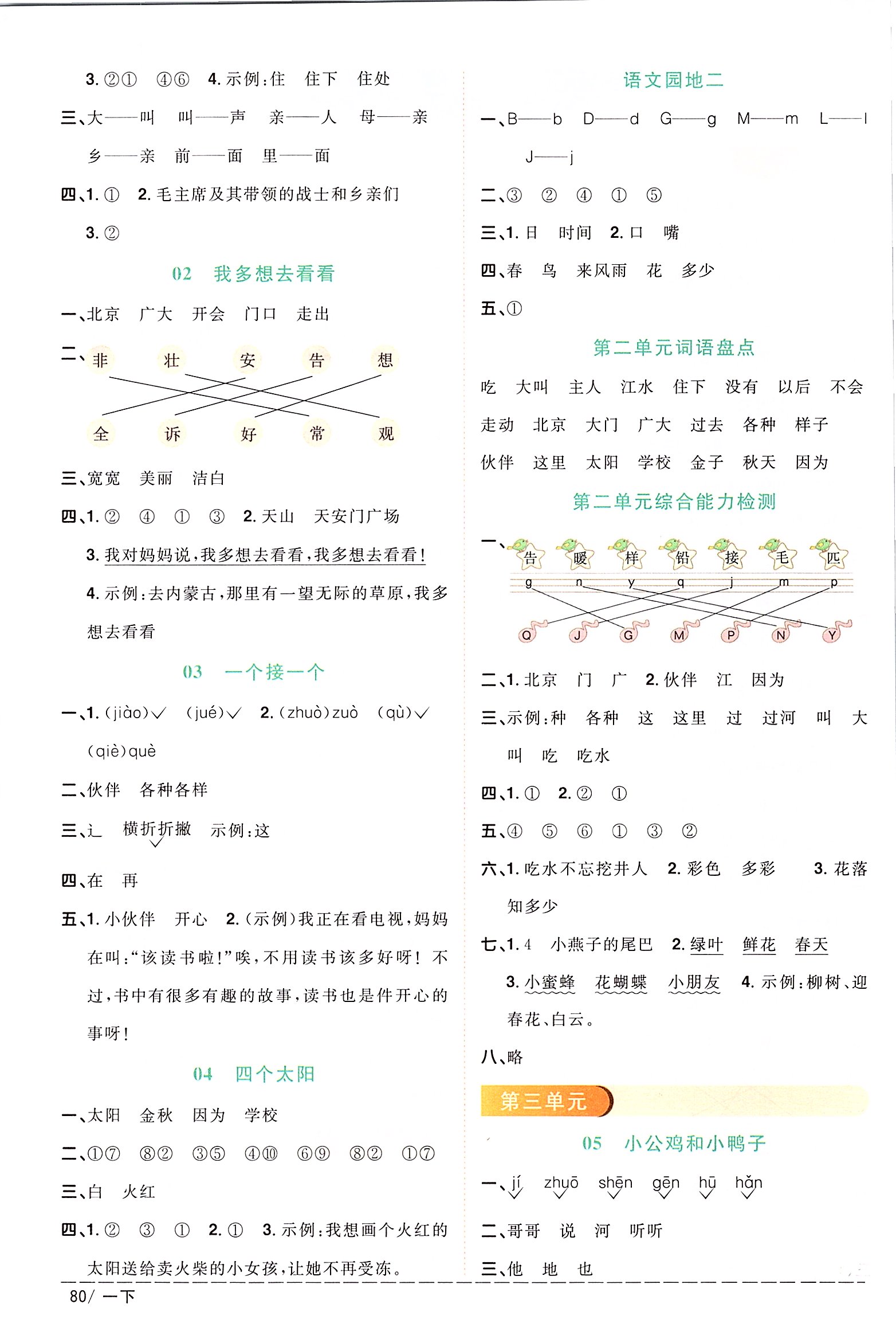 2020年陽光同學(xué)課時優(yōu)化作業(yè)一年級語文下冊人教版 參考答案第2頁