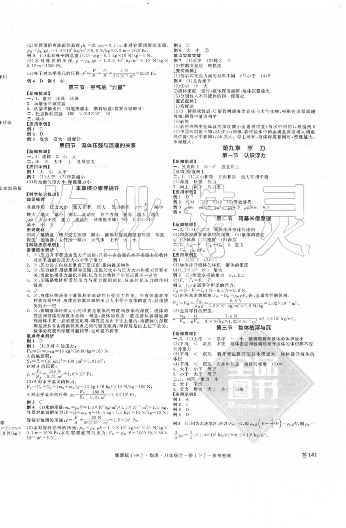 2020年全品學練考八年級物理下冊滬科版 參考答案第2頁