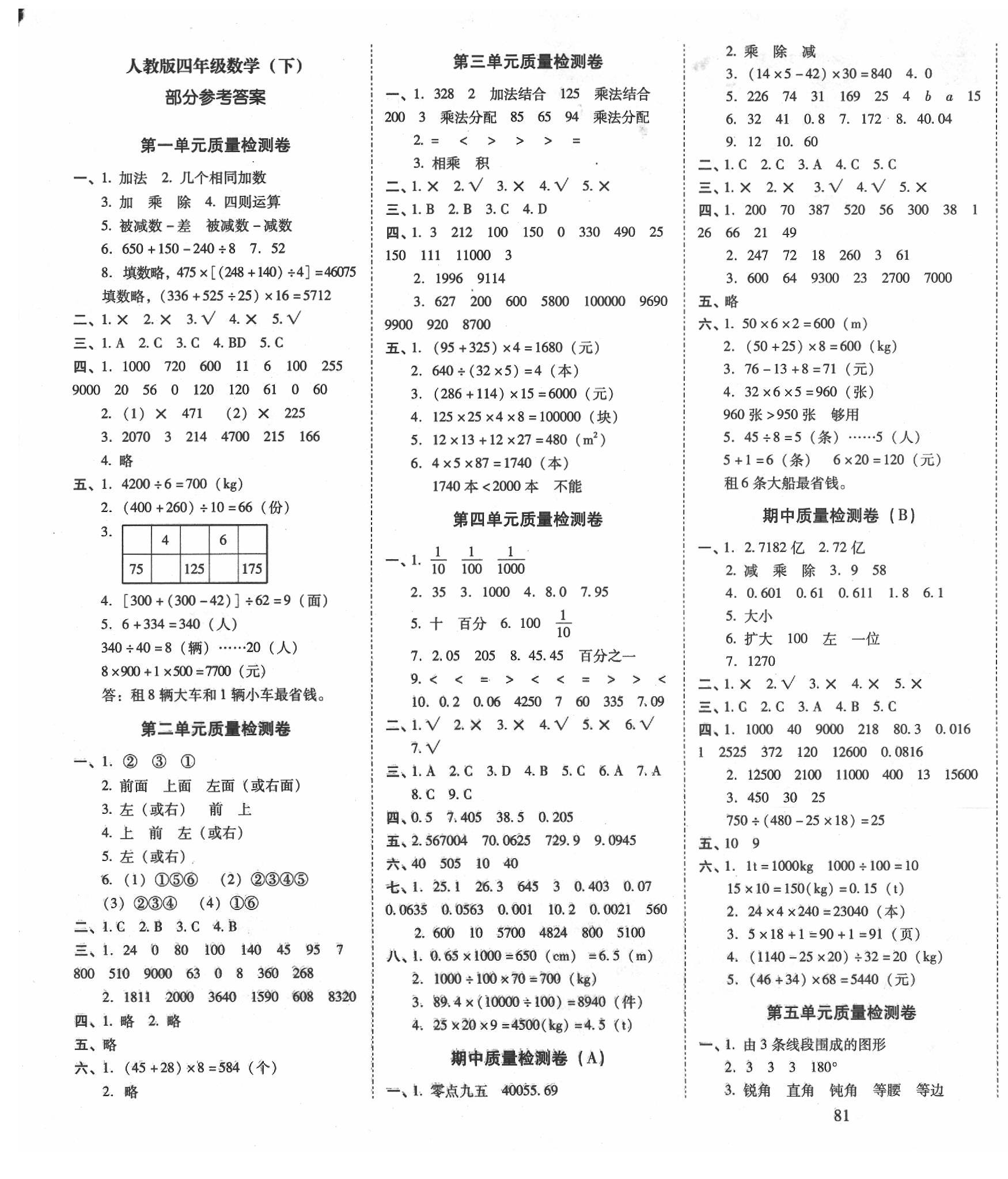 2020年云南师大附小一线名师核心试卷四年级数学下册人教版 第1页