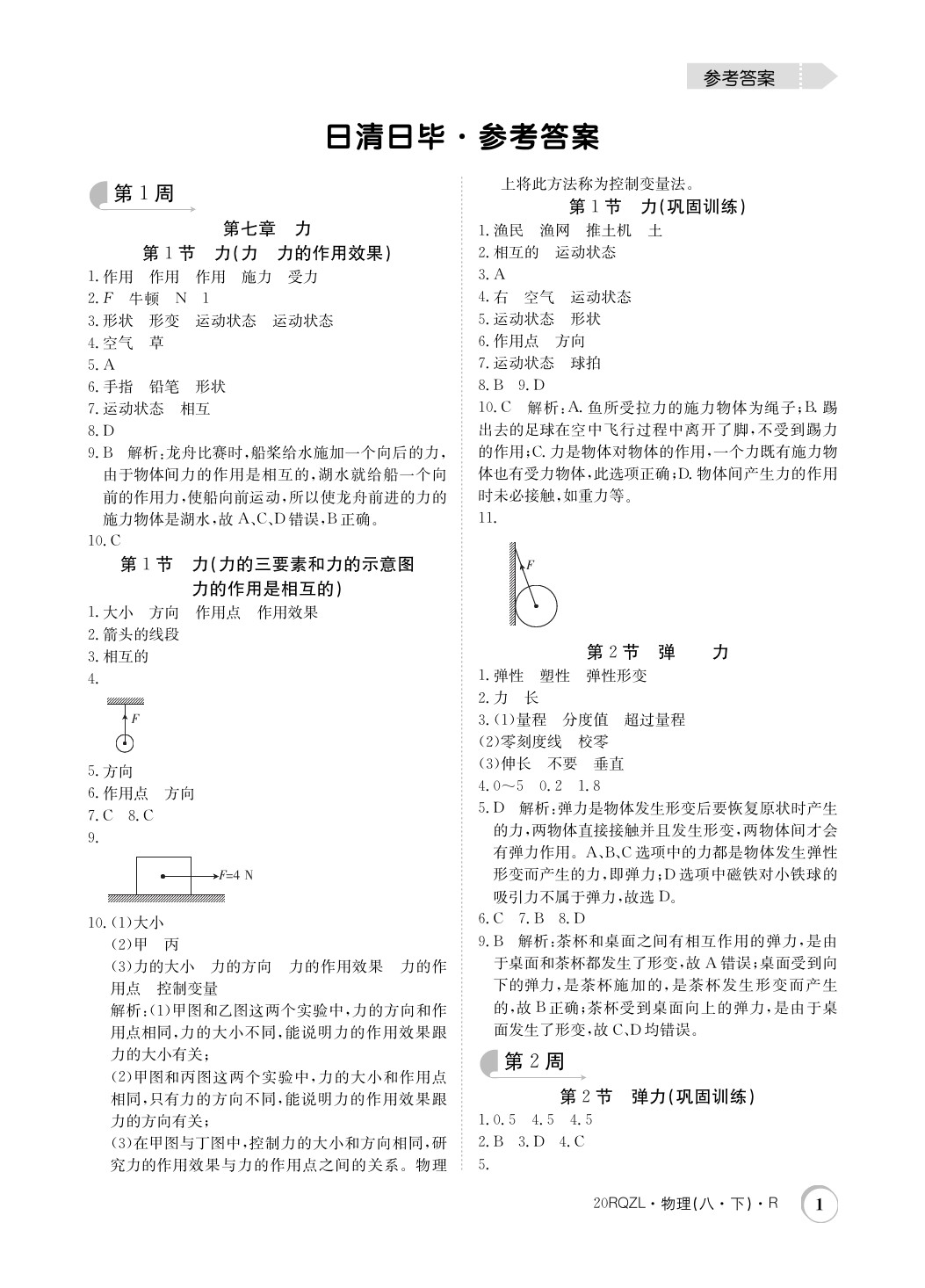 2020年日清周練八年級(jí)物理下冊(cè)人教版 參考答案第1頁