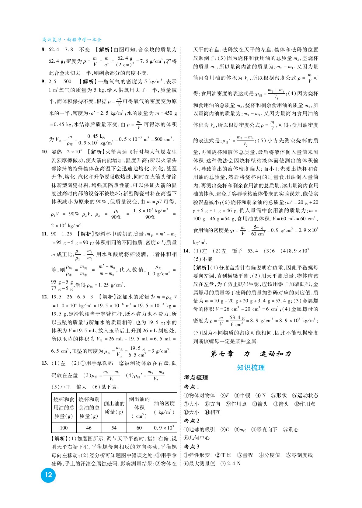 2020高效复习新疆中考物理一本全九年级人教版 参考答案第12页