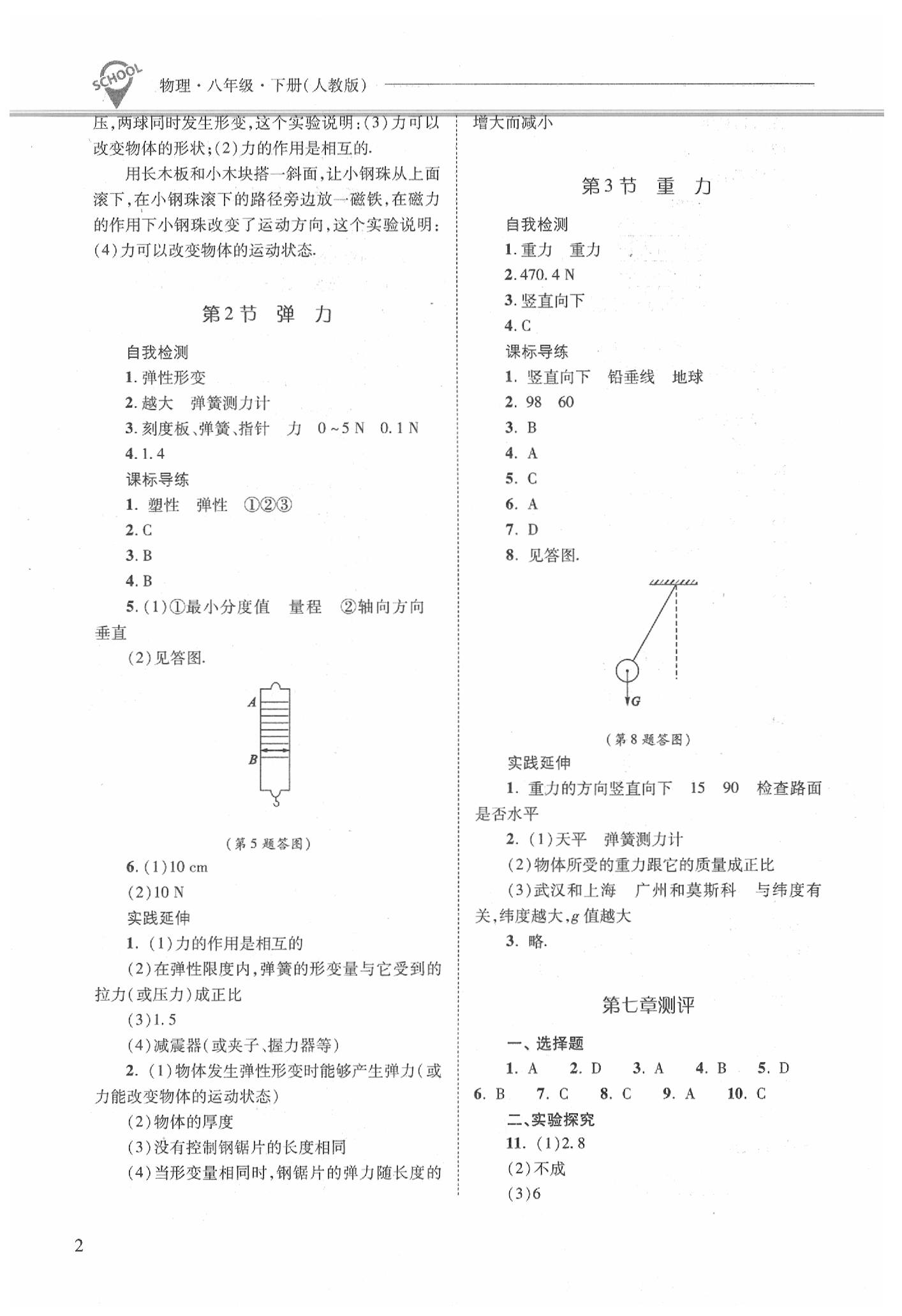 2020年新課程問題解決導(dǎo)學(xué)方案八年級物理下冊人教版 參考答案第2頁