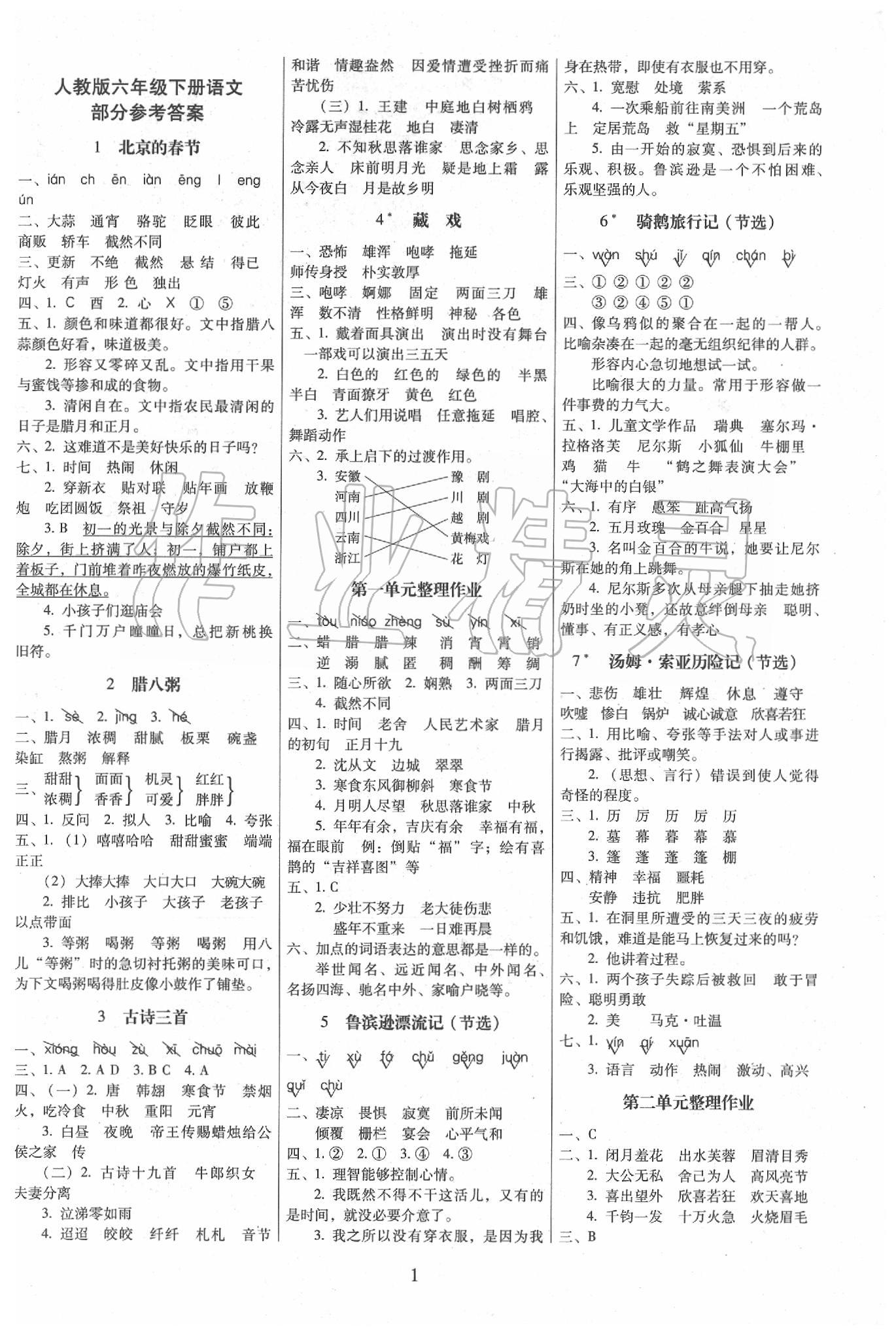 2020年云南师大附小一线名师提优作业六年级语文下册人教版 第1页