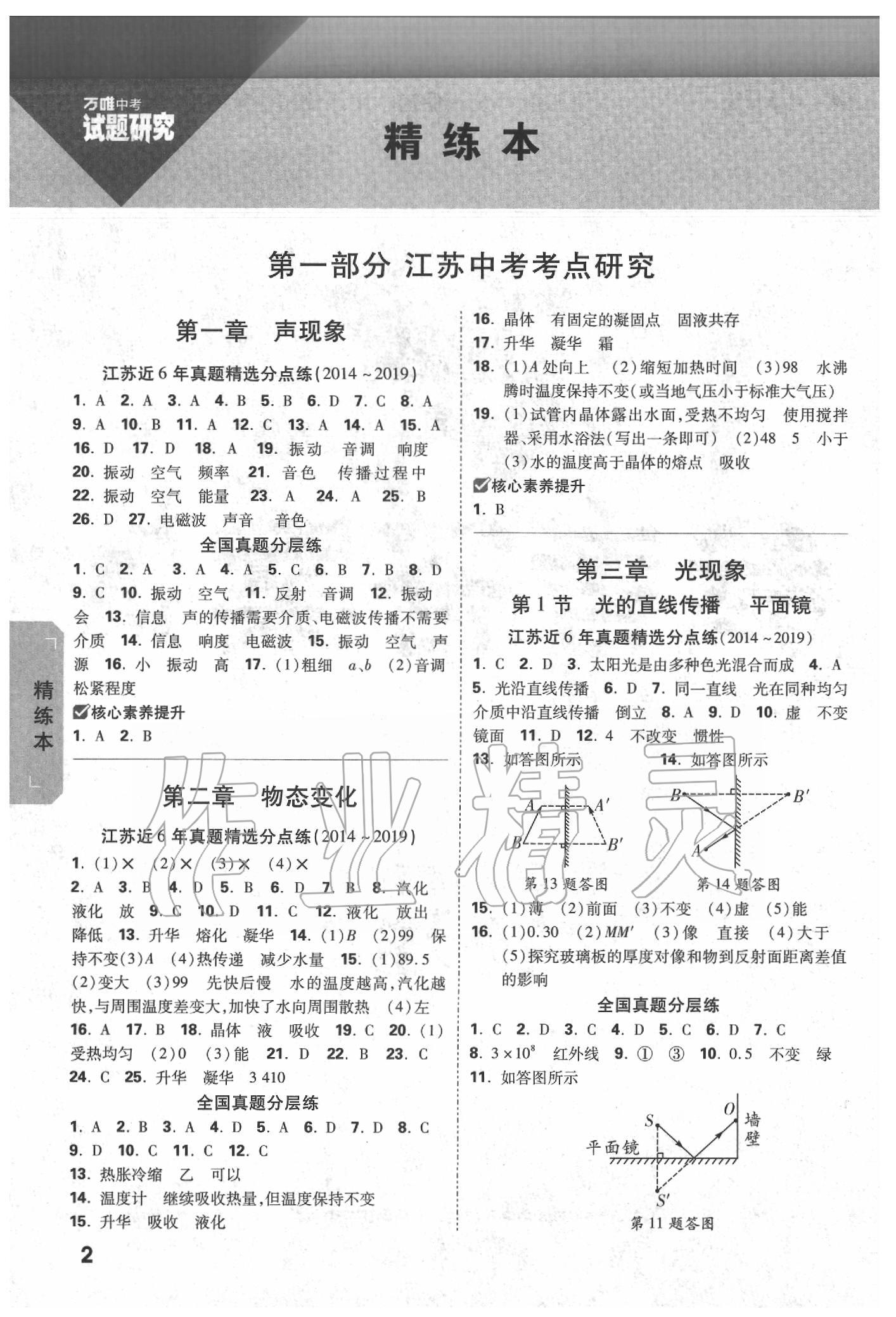 2020年万唯教育中考试题研究物理江苏专版 参考答案第1页