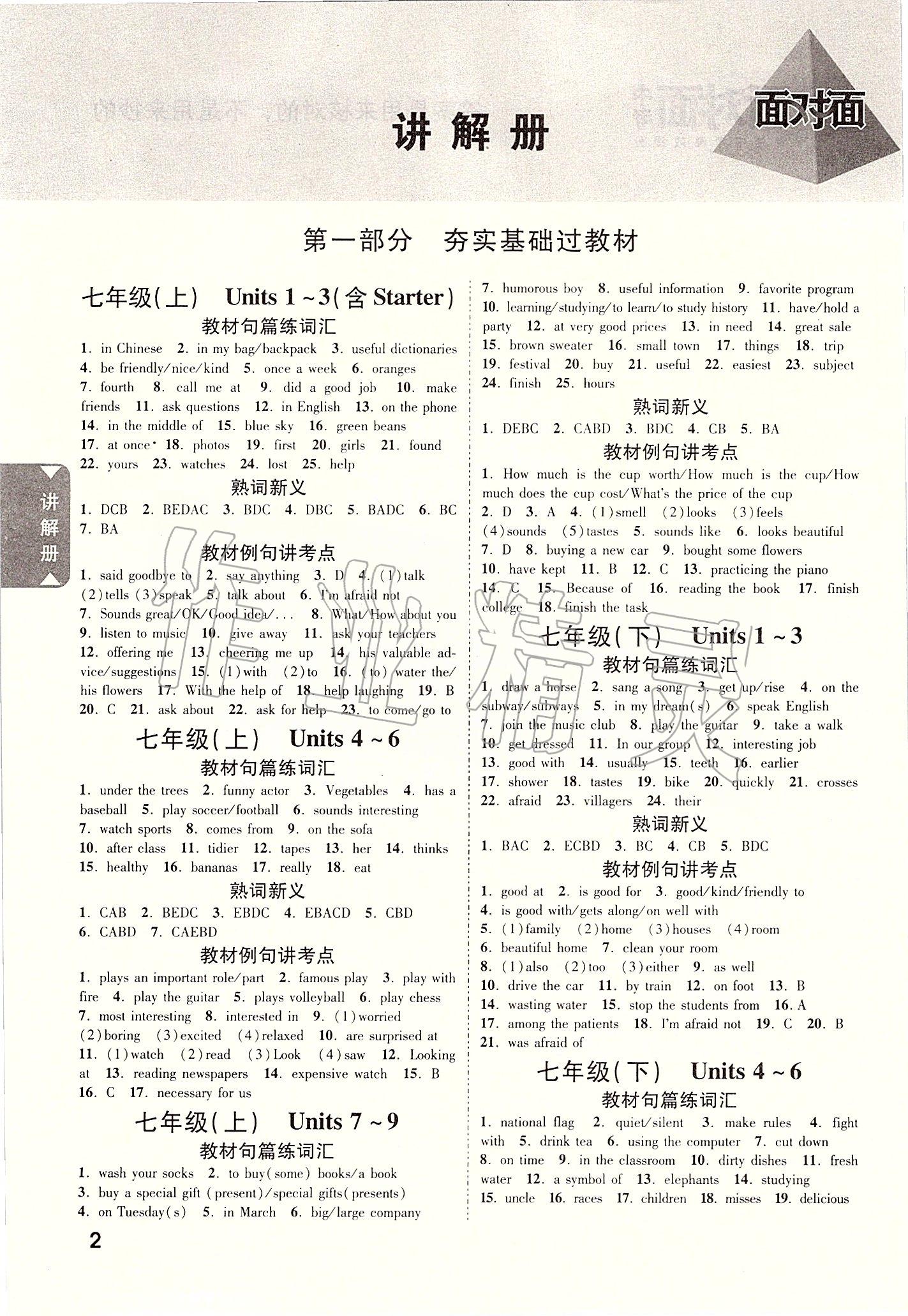 2020年陕西中考面对面英语 参考答案第1页