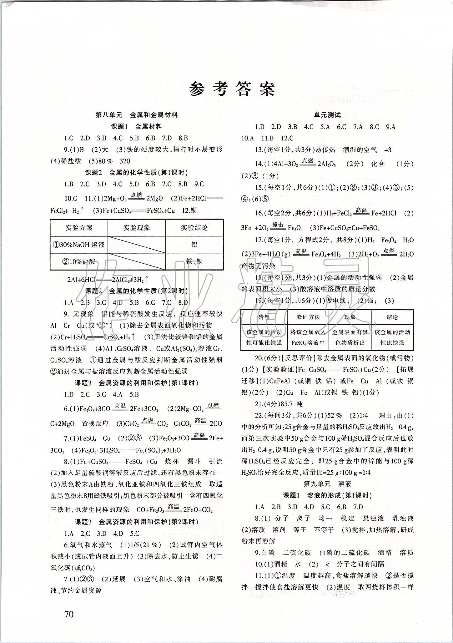 2020年化学配套综合练习九年级下册人教版 参考答案第1页