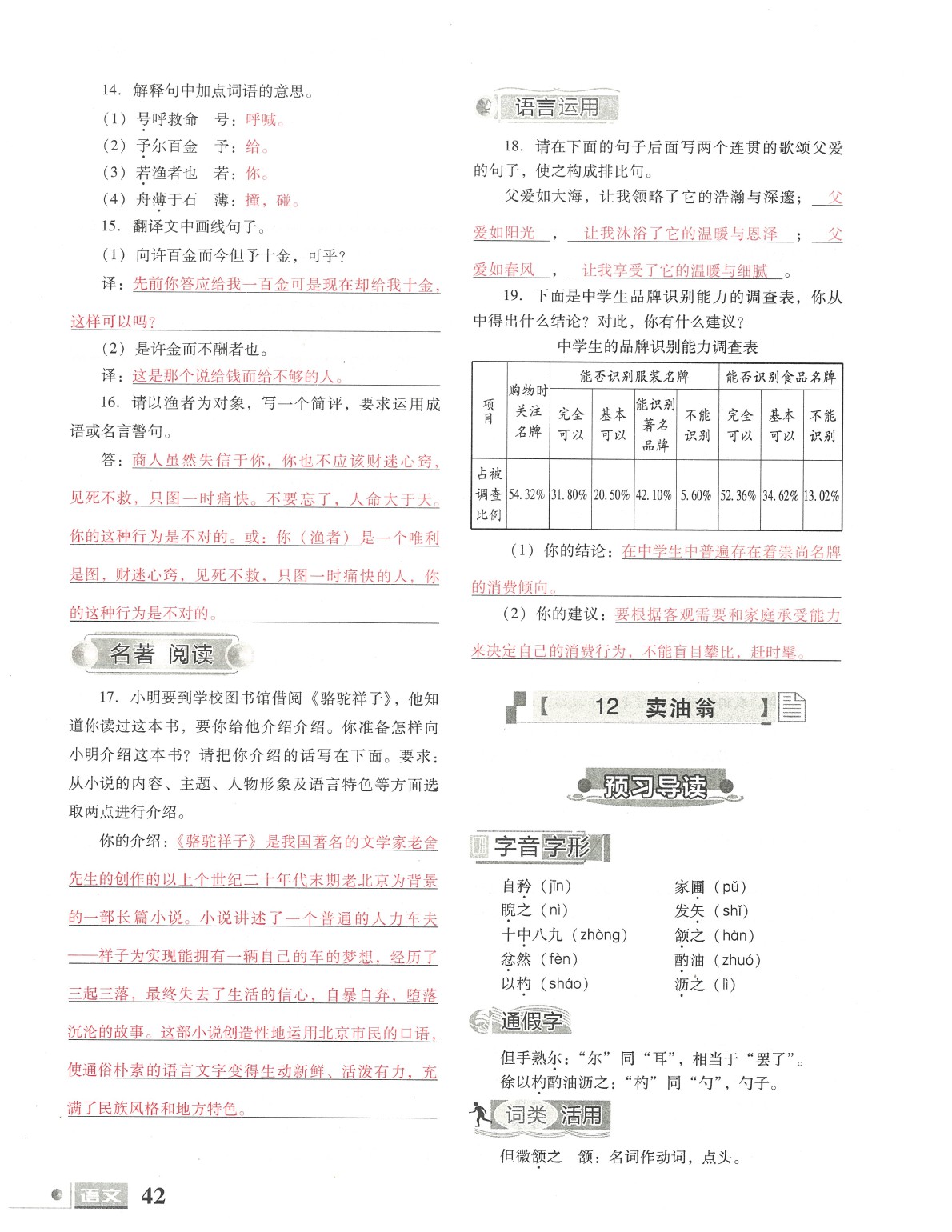 2020年文科愛好者七年級(jí)語文下冊(cè)人教版第19期 參考答案第43頁