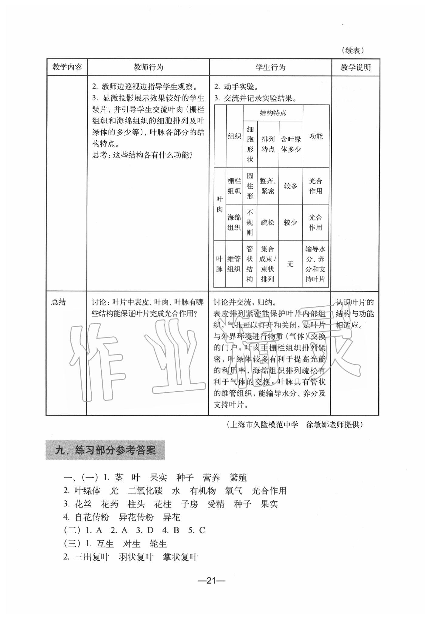 2020年生物練習(xí)部分初中第二冊滬教版 參考答案第21頁