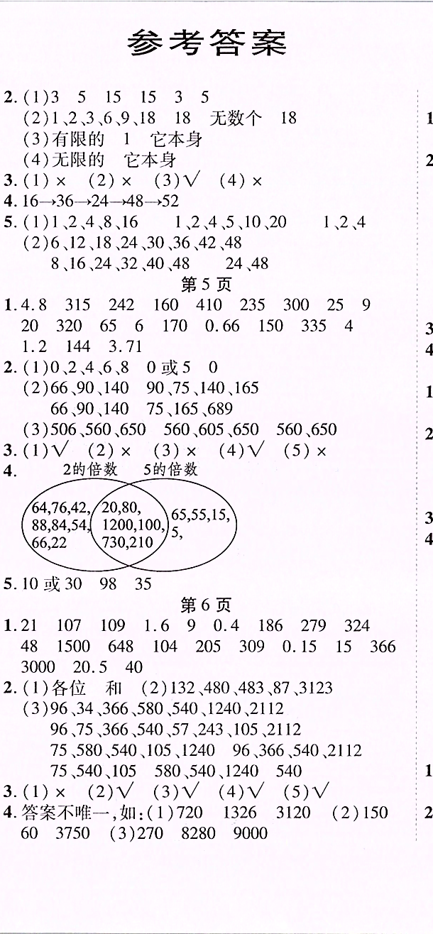 2020年状元及第口算速算巧算五年级数学下册人教版 参考答案第2页