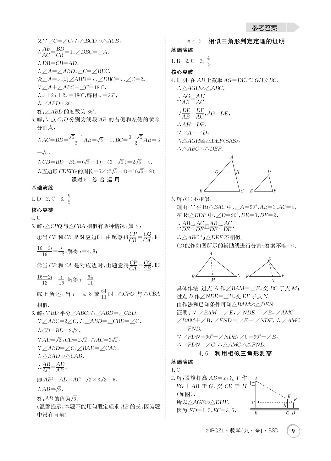 2019年日清周練限時提升卷九年級數(shù)學(xué)全一冊北師大版 參考答案第9頁