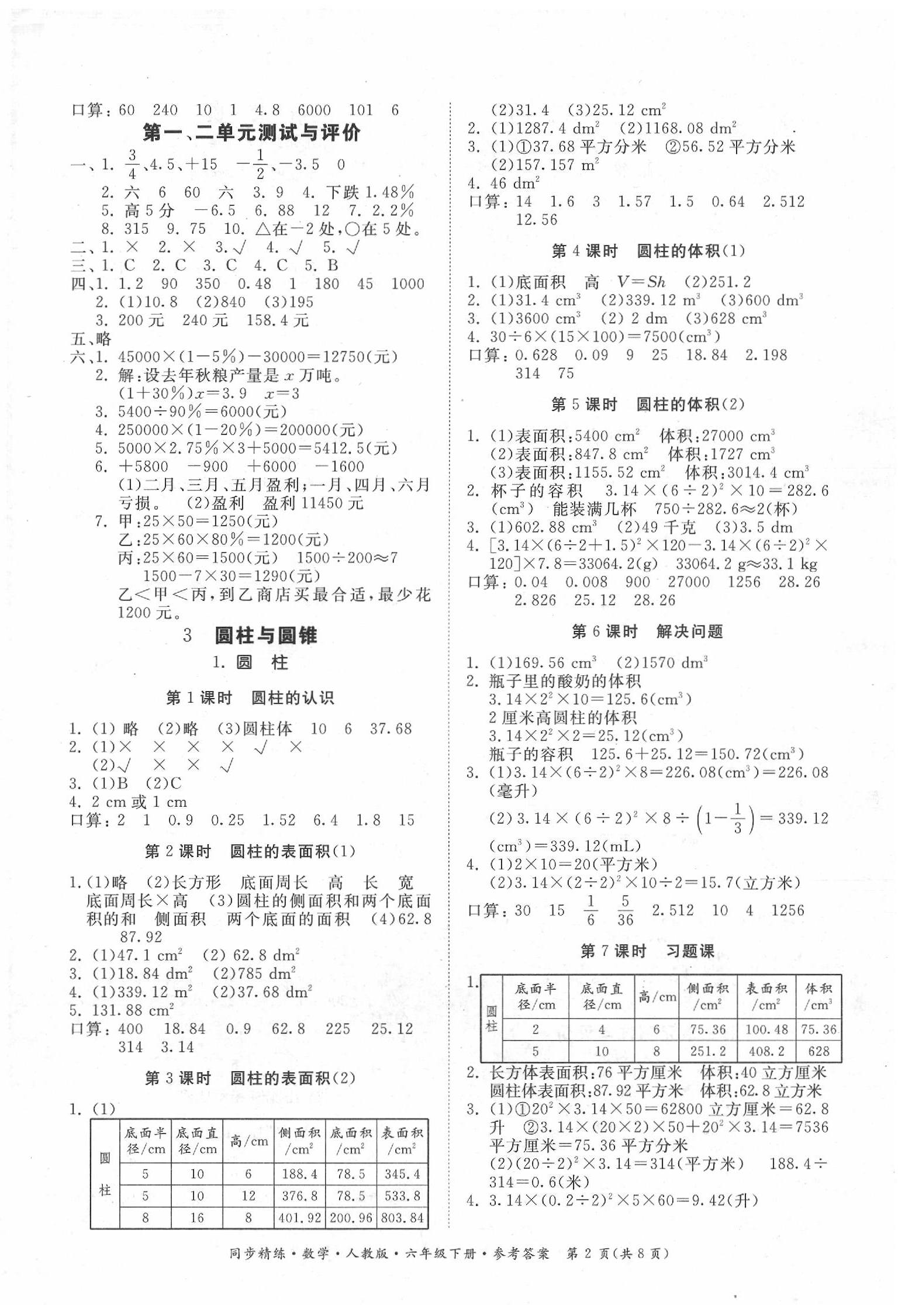 2020年同步精練六年級數(shù)學下冊人教版 第2頁