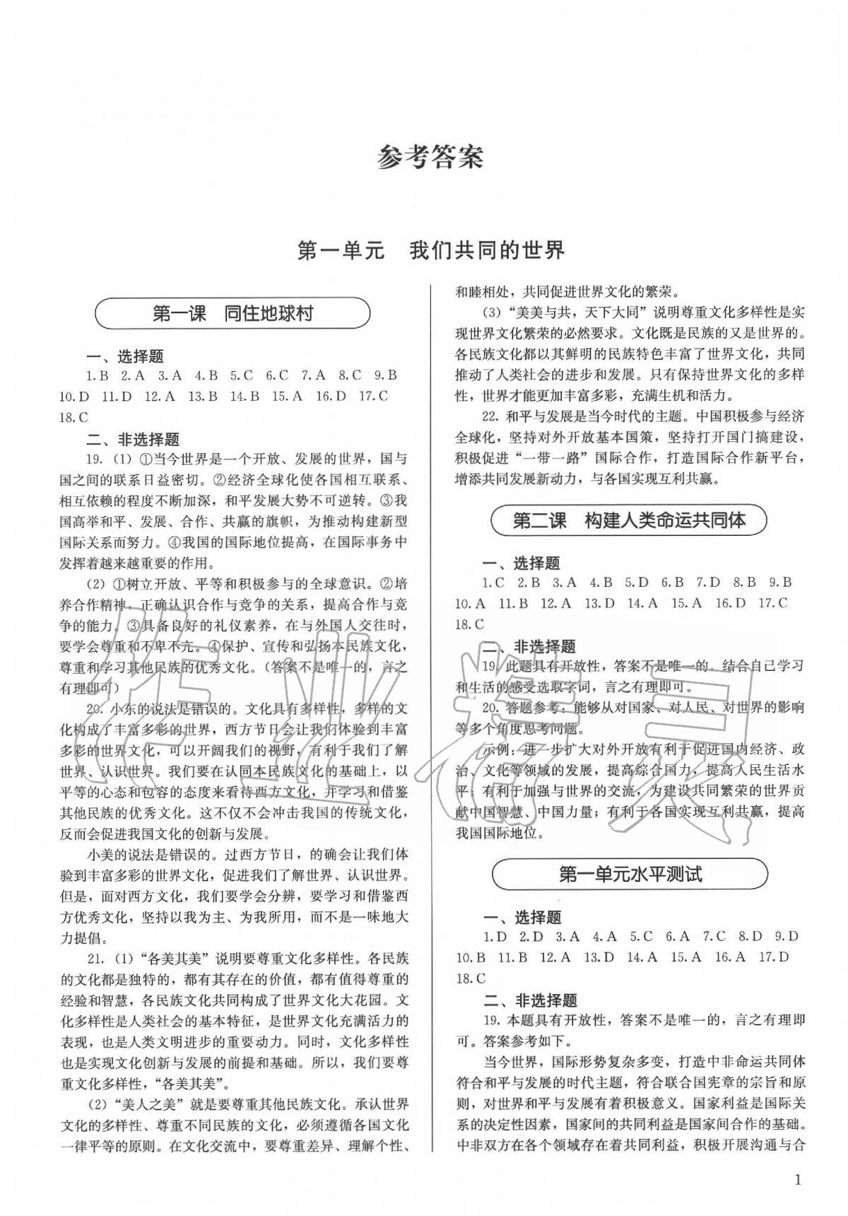 2020年補(bǔ)充習(xí)題九年級(jí)道德與法治下冊(cè)人教版人民教育出版社 第1頁