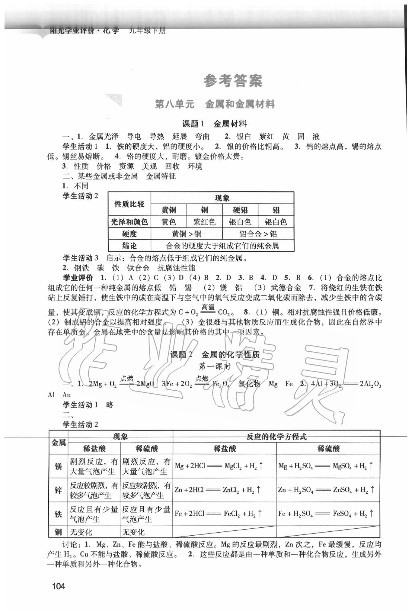 2020年陽光學業(yè)評價九年級化學下冊人教版 參考答案第1頁