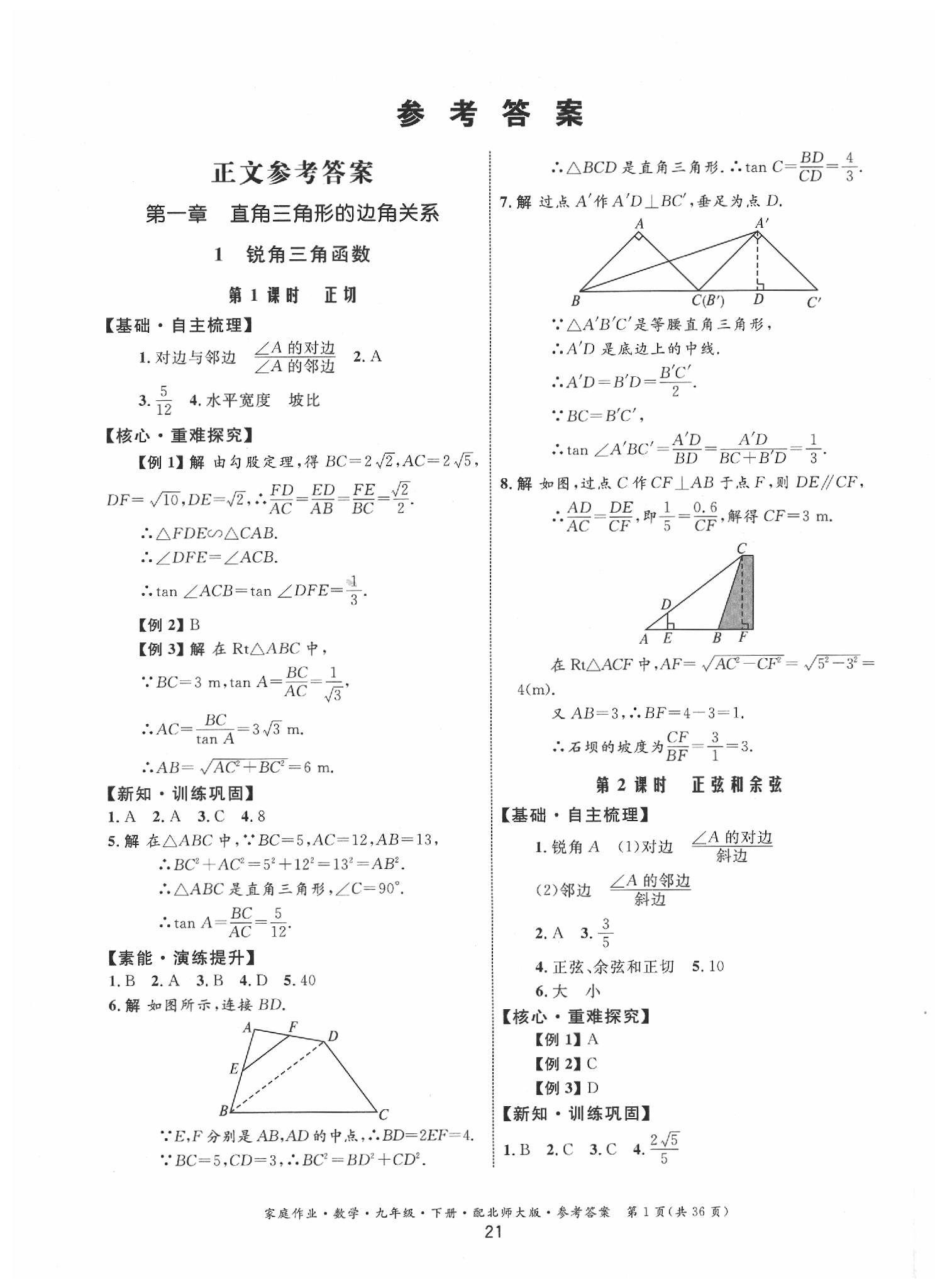 2020年家庭作业九年级数学下册北师大版 第1页