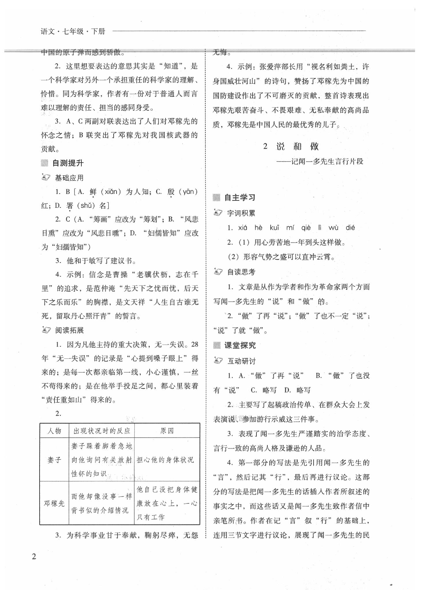 2020年新課程問(wèn)題解決導(dǎo)學(xué)方案七年級(jí)語(yǔ)文下冊(cè)人教版 參考答案第2頁(yè)