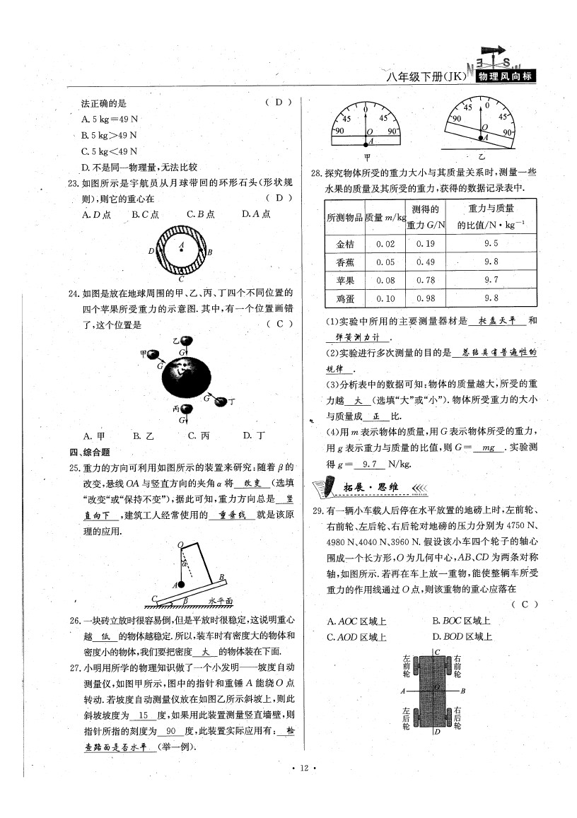 2020年物理風(fēng)向標(biāo)八年級(jí)下冊(cè)教科版 參考答案第17頁(yè)