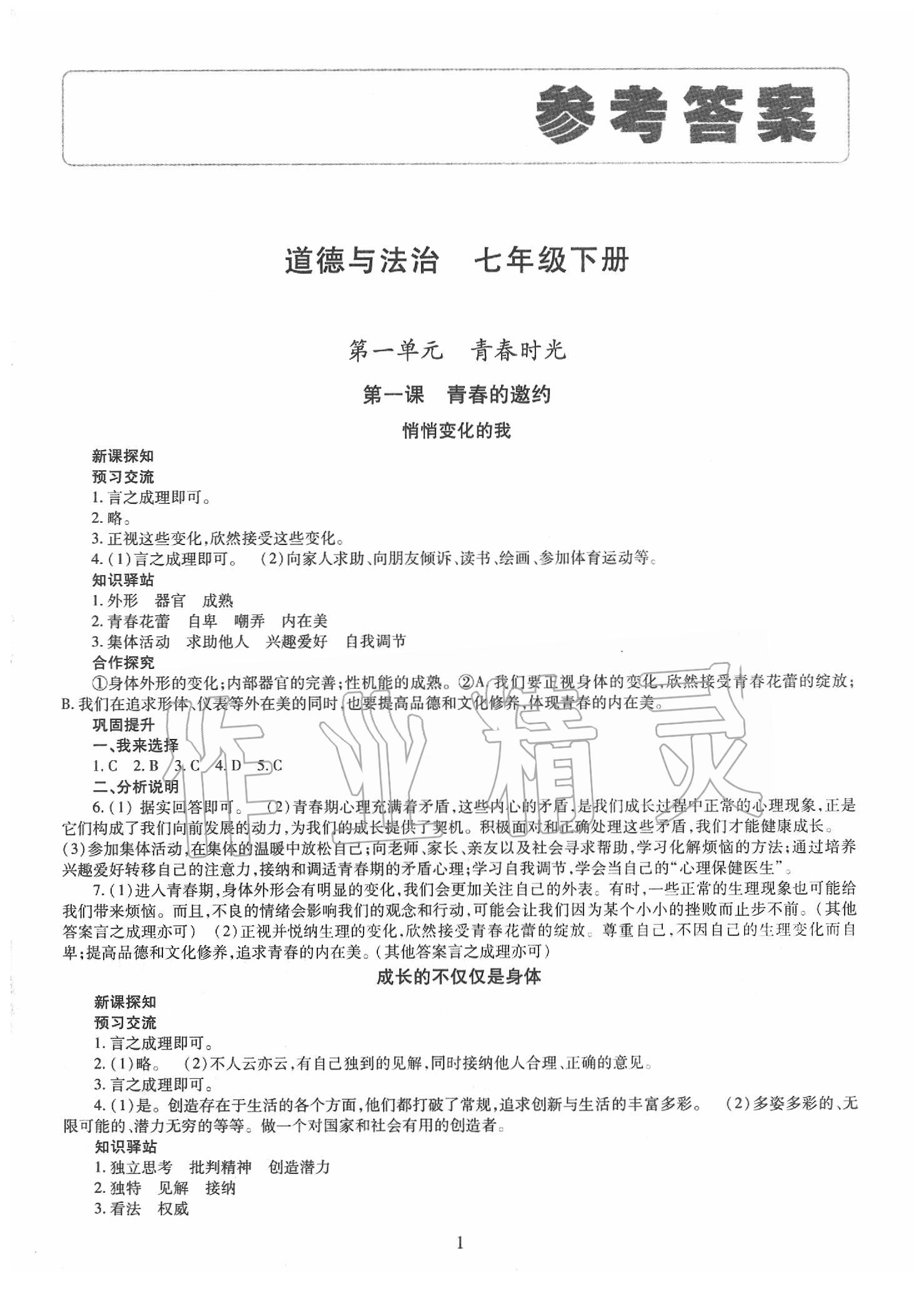 2020年智慧學(xué)習(xí)七年級(jí)道德與法治下冊(cè)人教版 第1頁(yè)