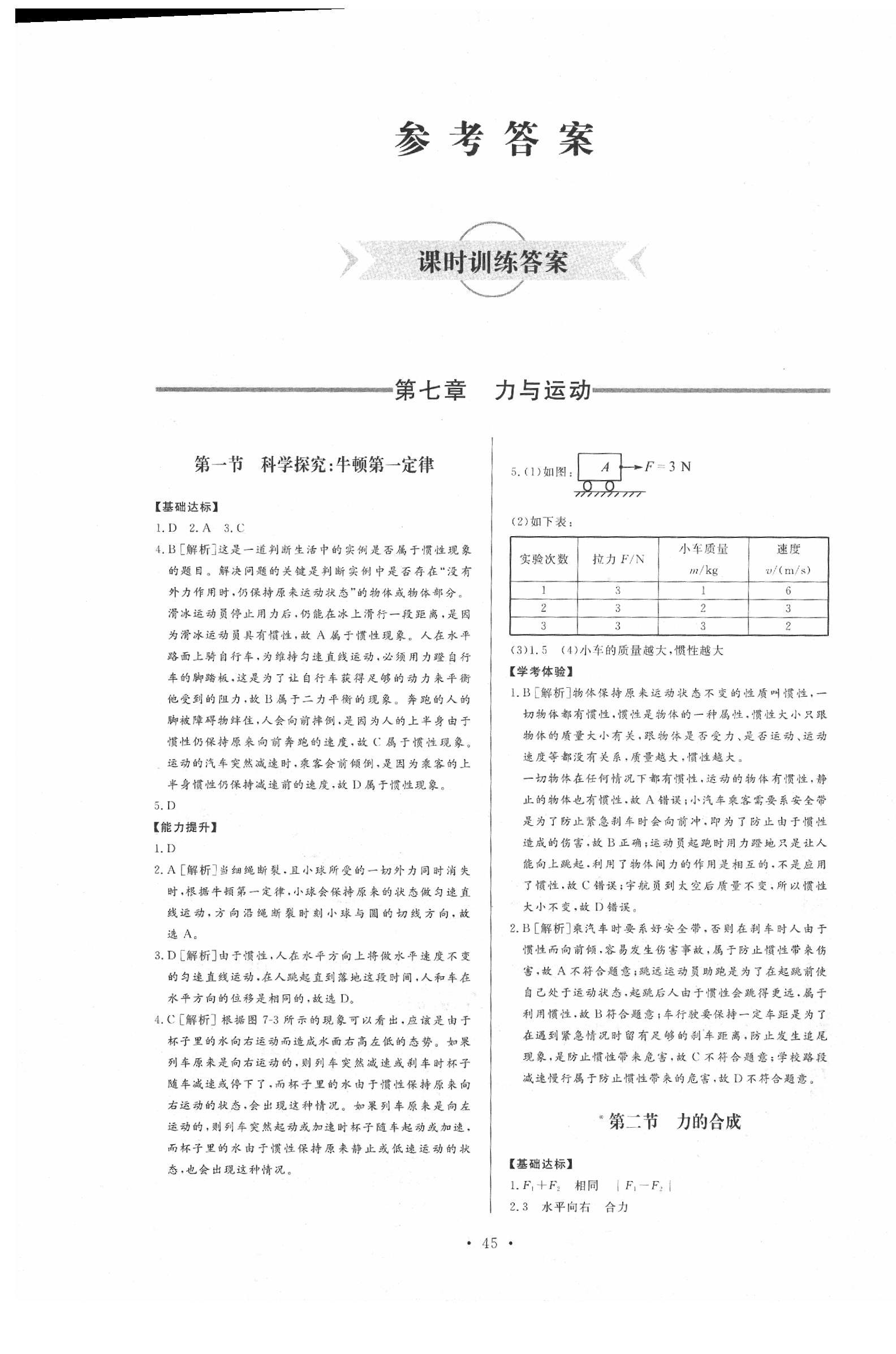 2020年新課程學習與檢測八年級物理下冊滬科版 參考答案第1頁