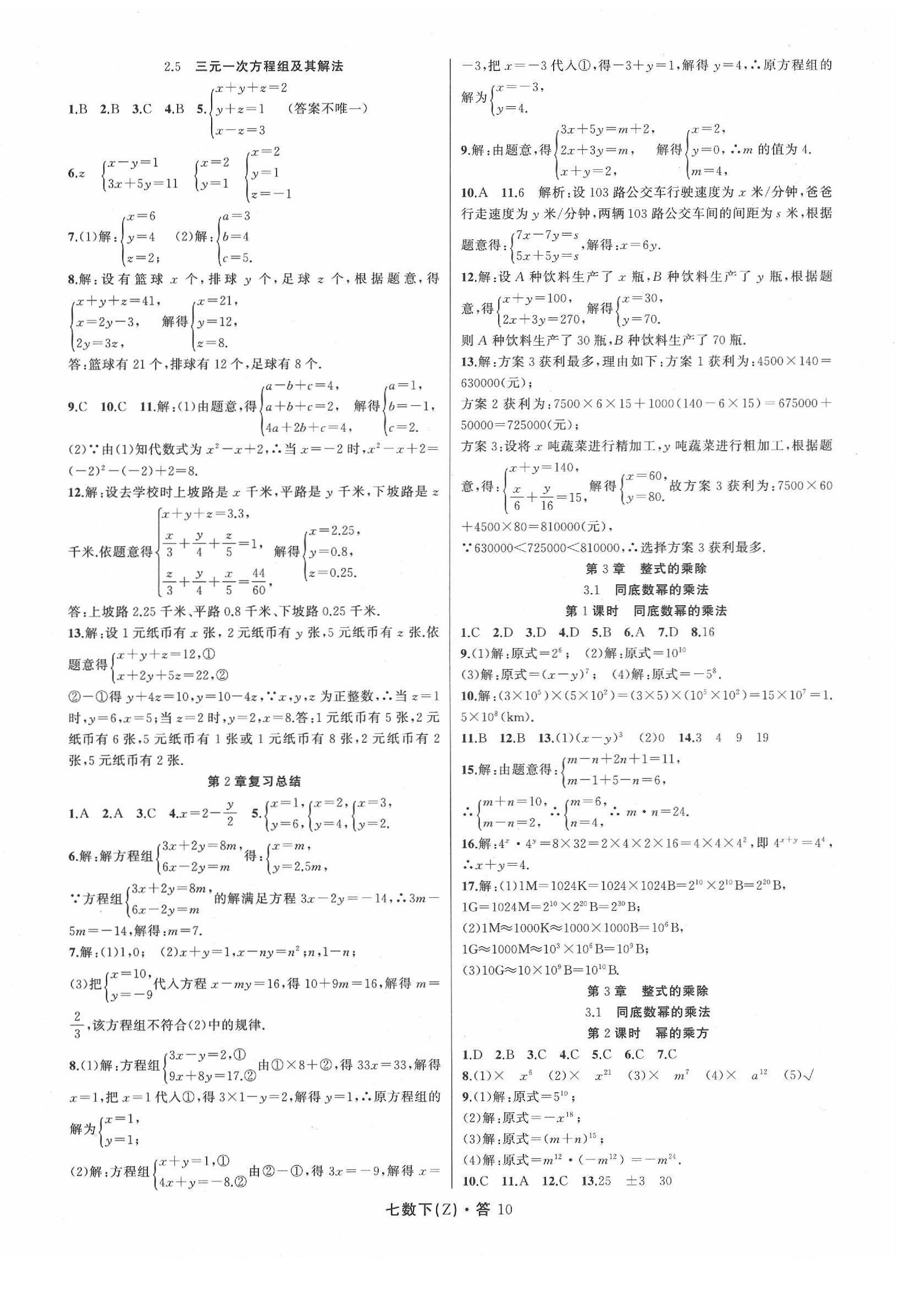 2020年名師面對面同步作業(yè)本七年級數(shù)學下冊浙教版 參考答案第10頁