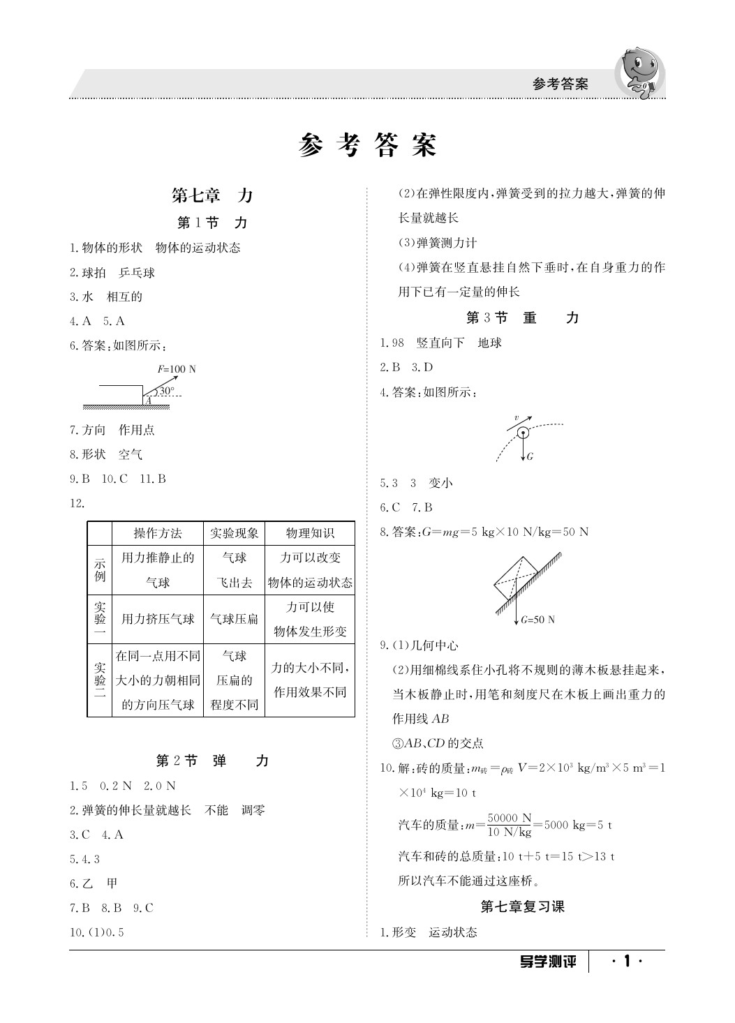 2020年金太陽導學測評八年級物理下冊人教版 參考答案第1頁