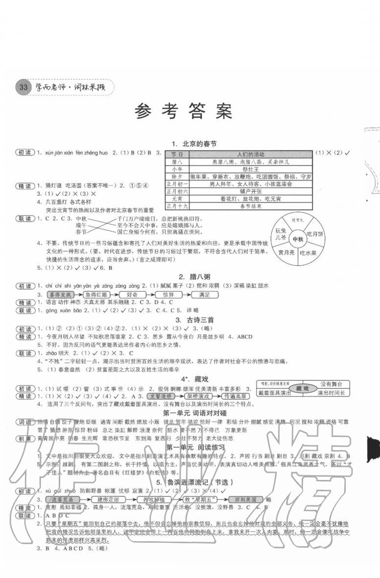 2020年學(xué)而老師詞林采擷六年級語文下冊人教版浙江專版 參考答案第1頁