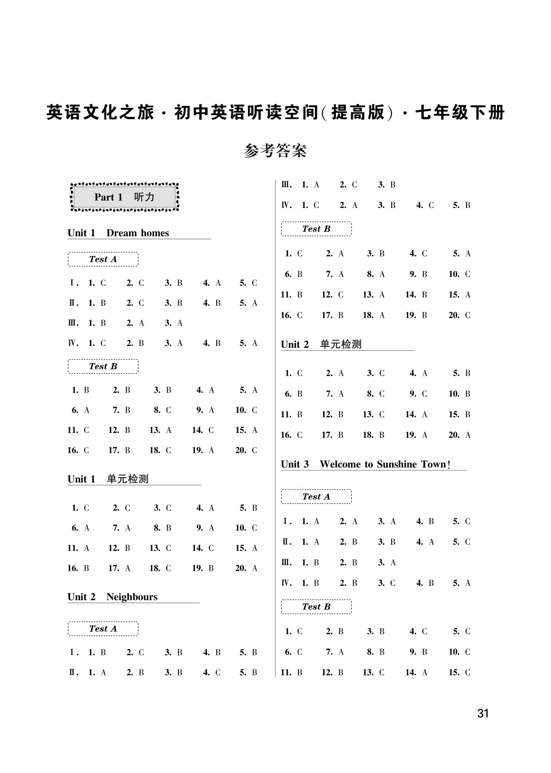 2020年初中英語聽讀空間七年級下冊譯林版提高版 參考答案第1頁