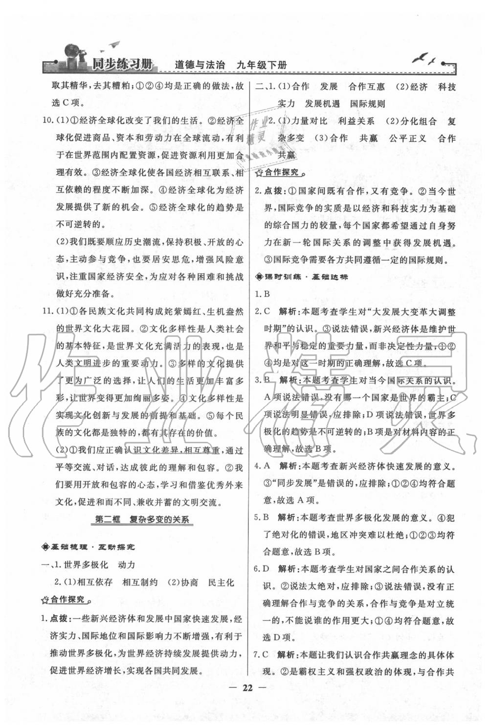 2020年同步练习册九年级道德与法治下册人教版人民教育出版社 第2页