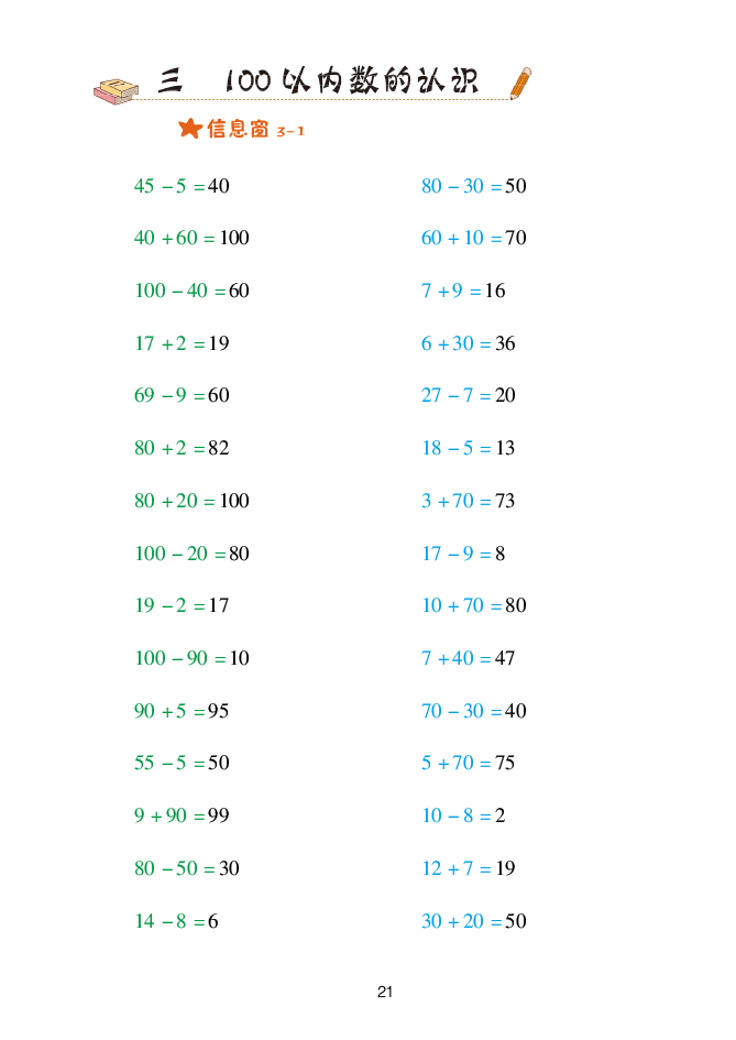 2020年口算天天練一年級數(shù)學(xué)下冊青島版 參考答案第21頁