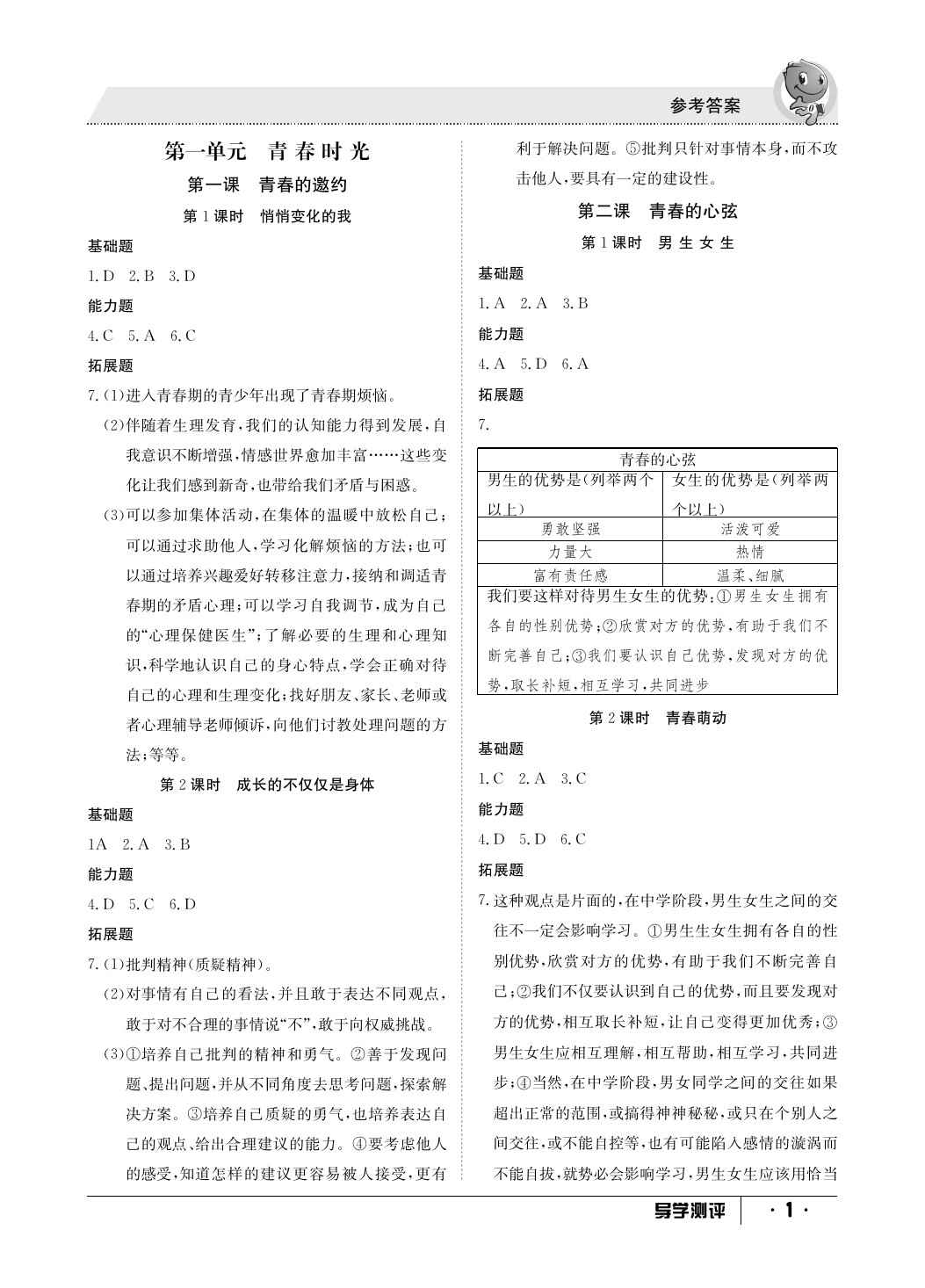 2020金太陽導(dǎo)學(xué)測評道德與法治七年級下冊 參考答案第1頁