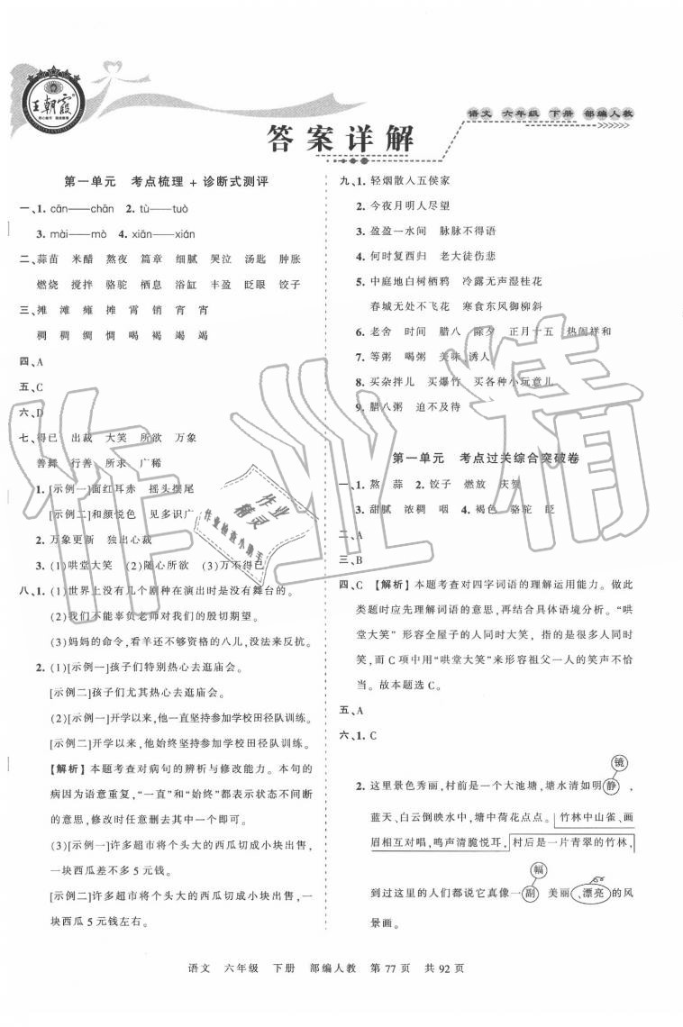 2020年王朝霞考點(diǎn)梳理時(shí)習(xí)卷六年級(jí)語文下冊人教版 第1頁