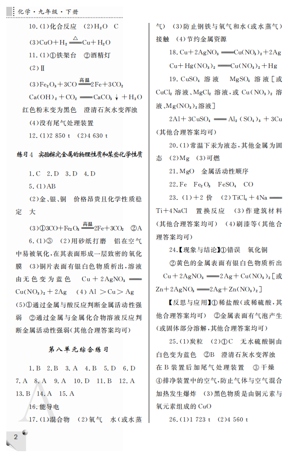 2020年课堂练习册九年级化学下册A版 参考答案第2页