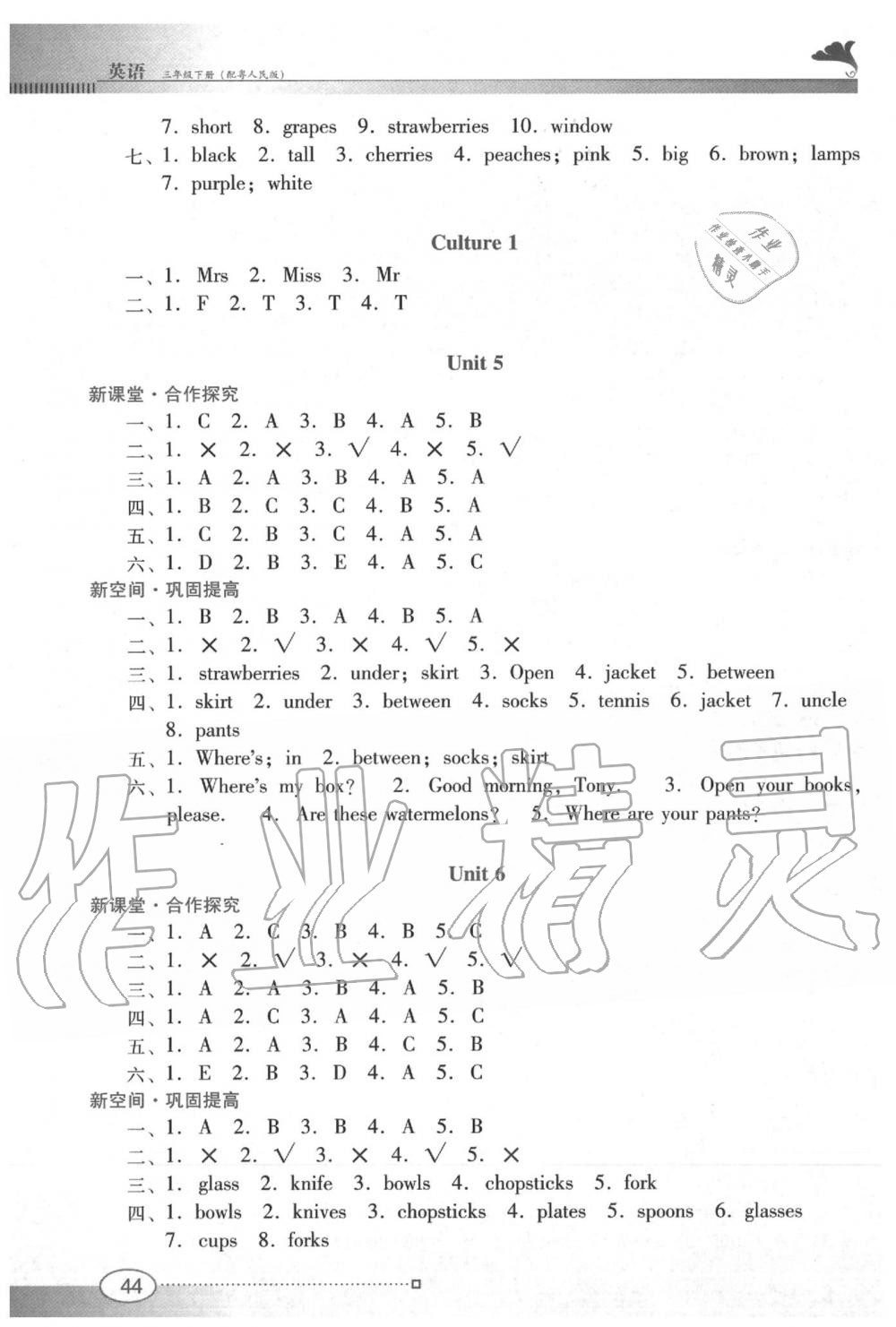 2020年南方新課堂金牌學(xué)案三年級英語下冊粵人民版 參考答案第3頁